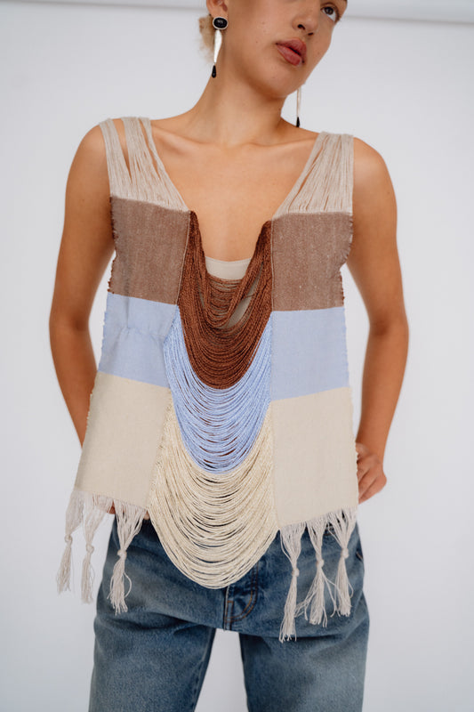 SKARULE, Woven Top, Brown/Blue