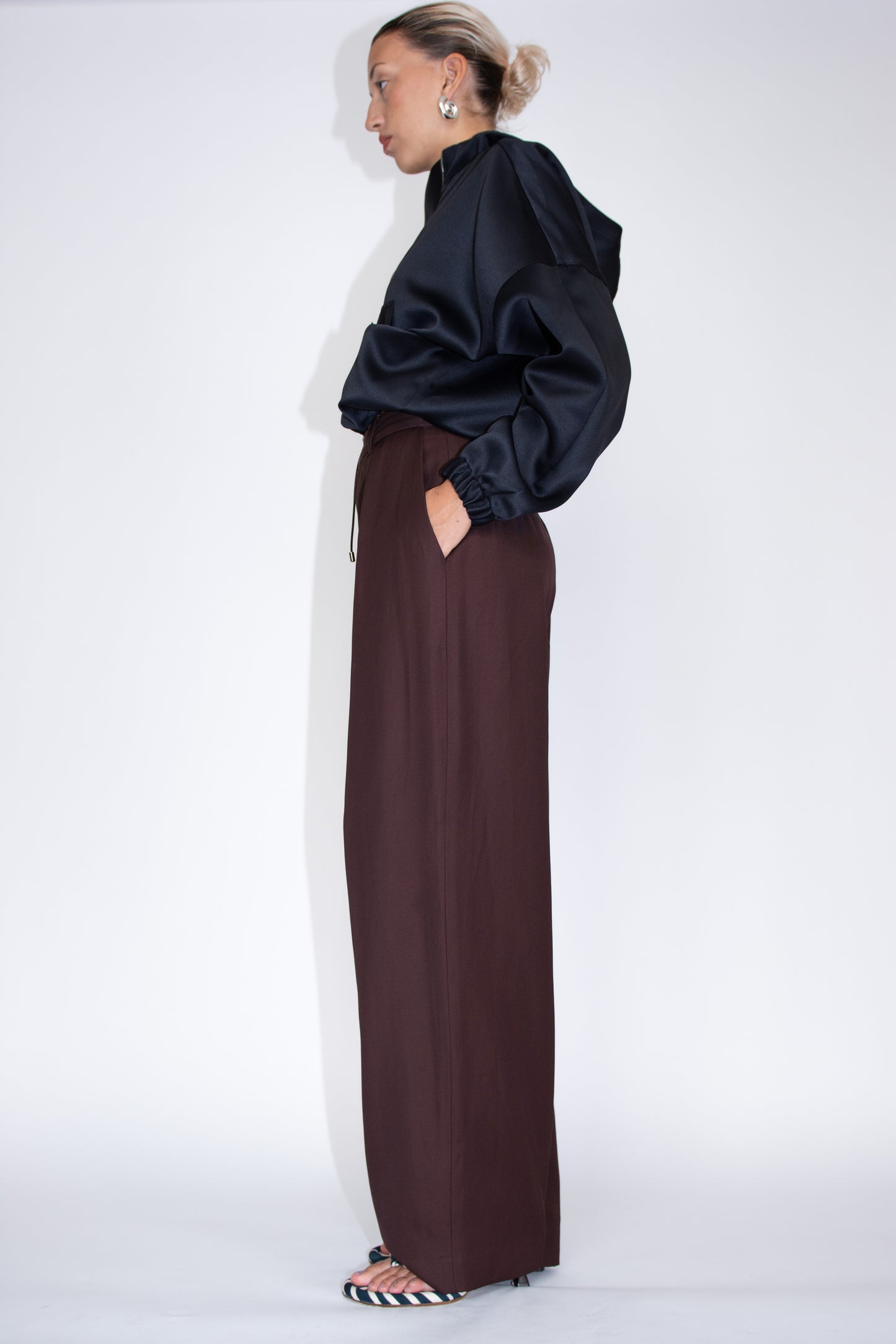 NOMIA, Wide Leg Pleated Trouser, Carob