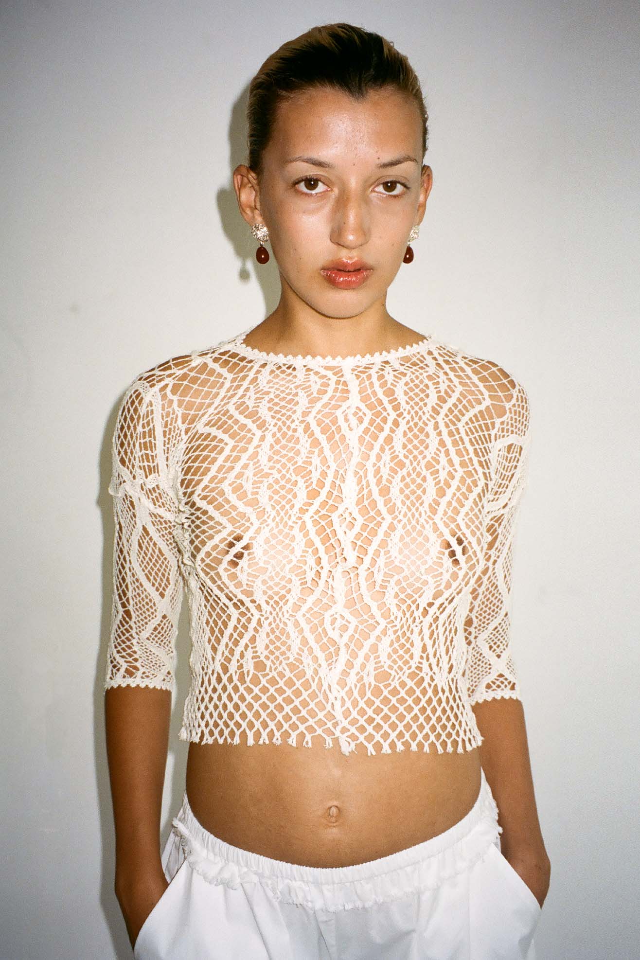 EUCHRONIA, Shortsleeved Lace Tee, Off White