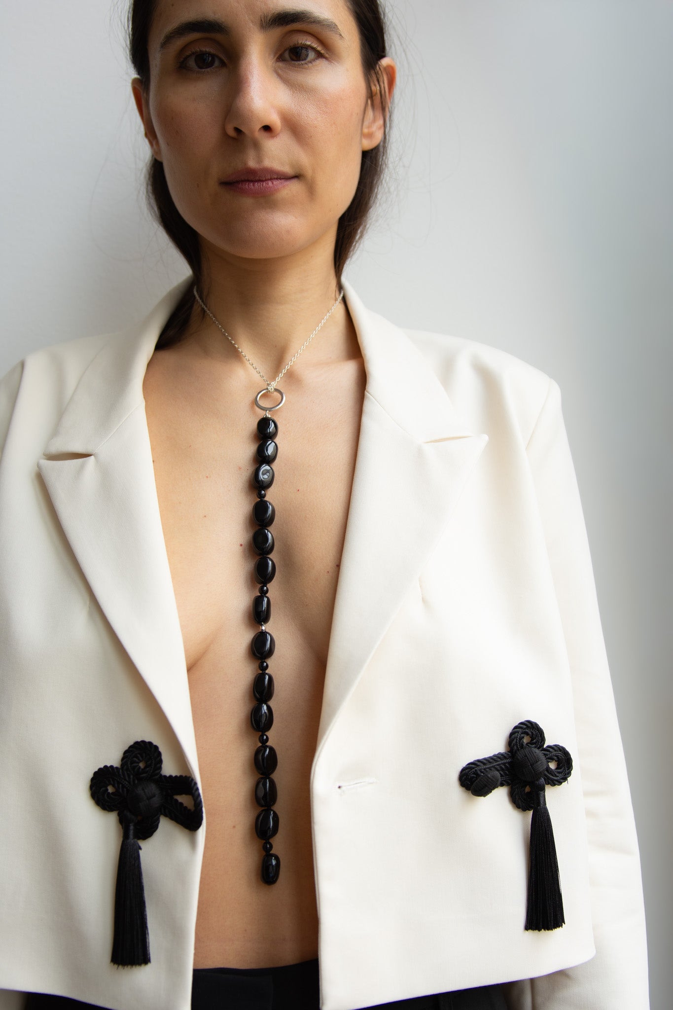 AGMES, Long Selma Pendant, Silver/Onyx
