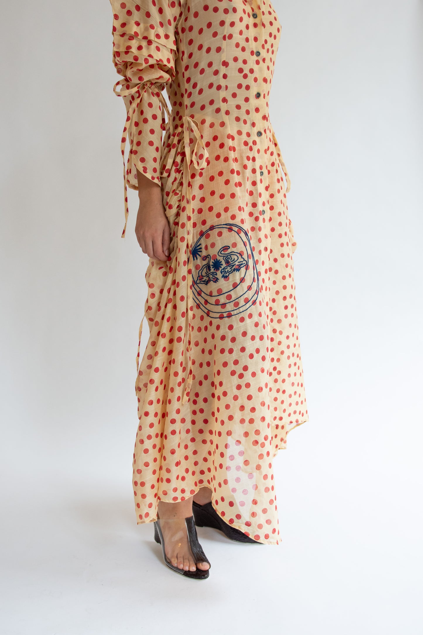 TIGRA TIGRA, Blockprint Dot Rucha Dress, Tea Stain Red w. Tiger Embroidery
