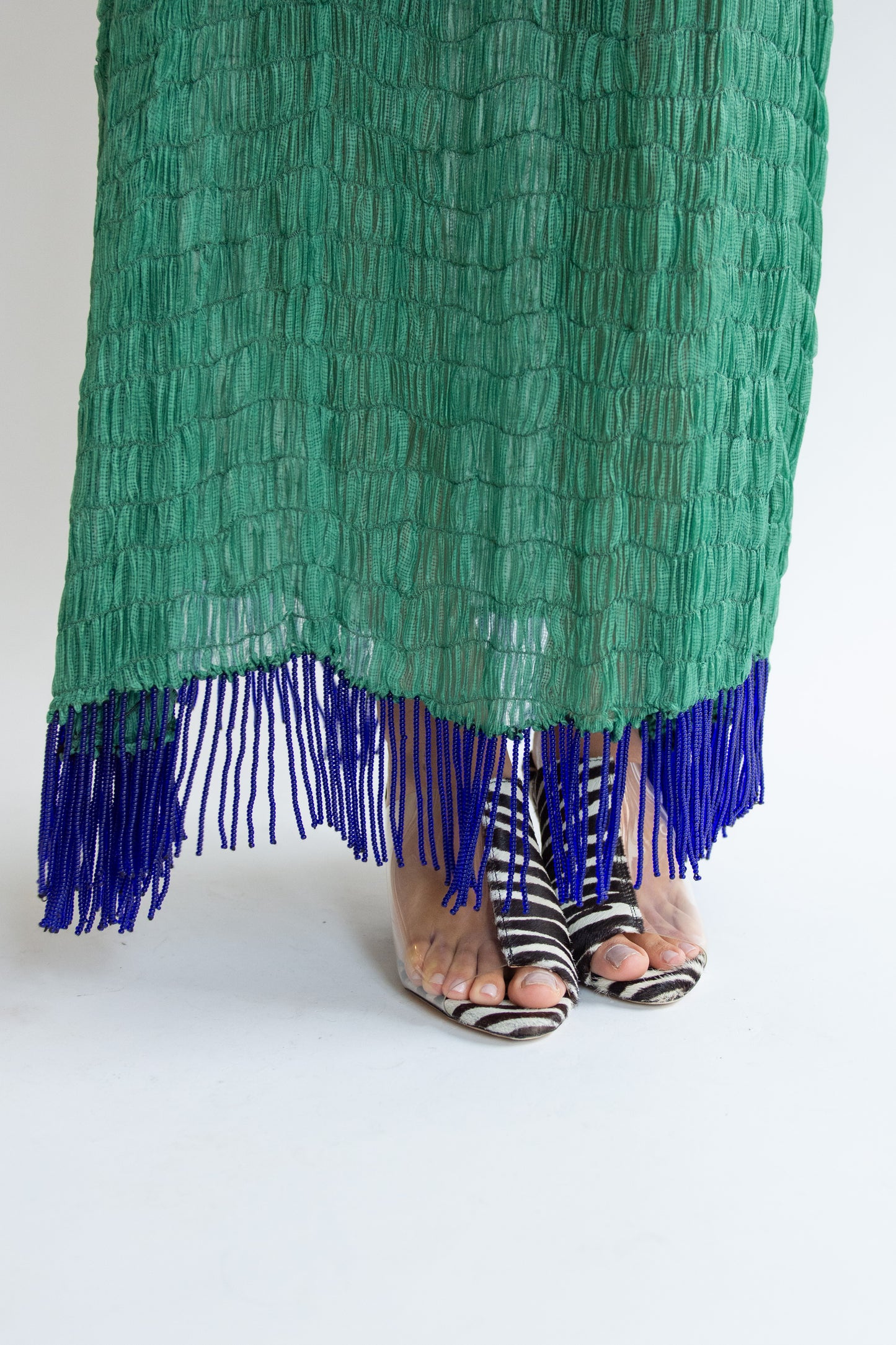 TIGRA TIGRA, Gathered Kota Dress with Beaded Fringe, Jade Green