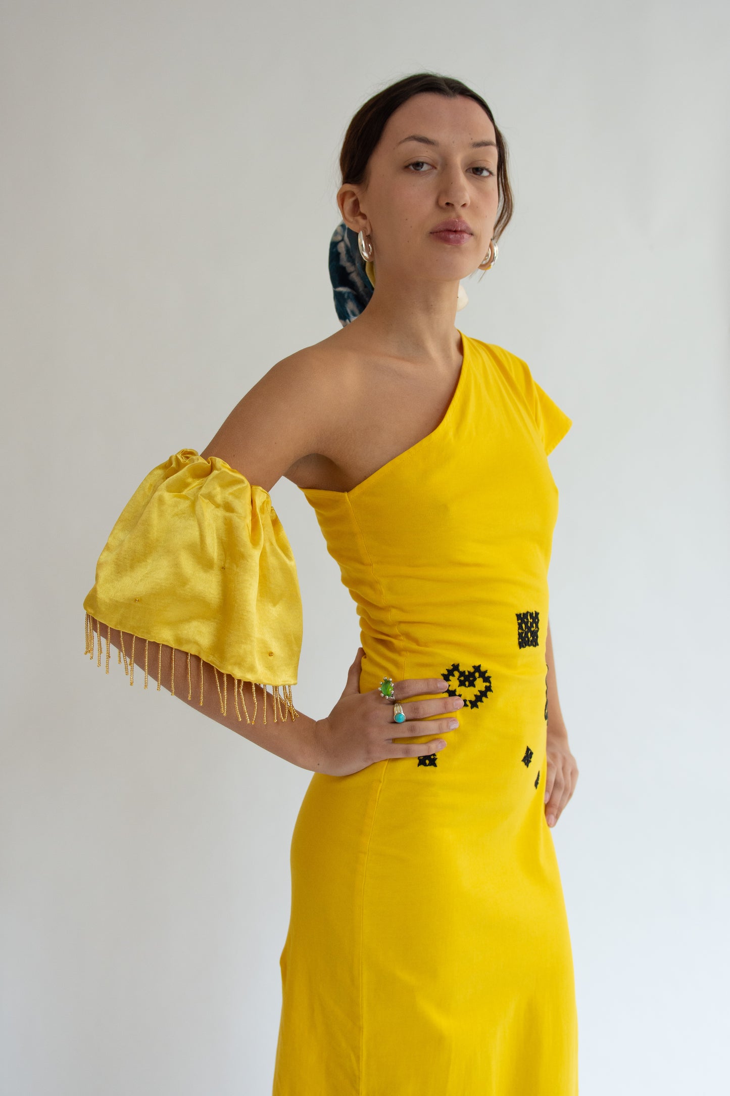 TIGRA TIGRA, Beaded Fringe XL Scrunchie, Yellow with Gold Beads