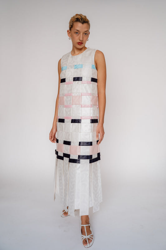 SUPER YAYA, Linda Stripes Dress, White Chantilly