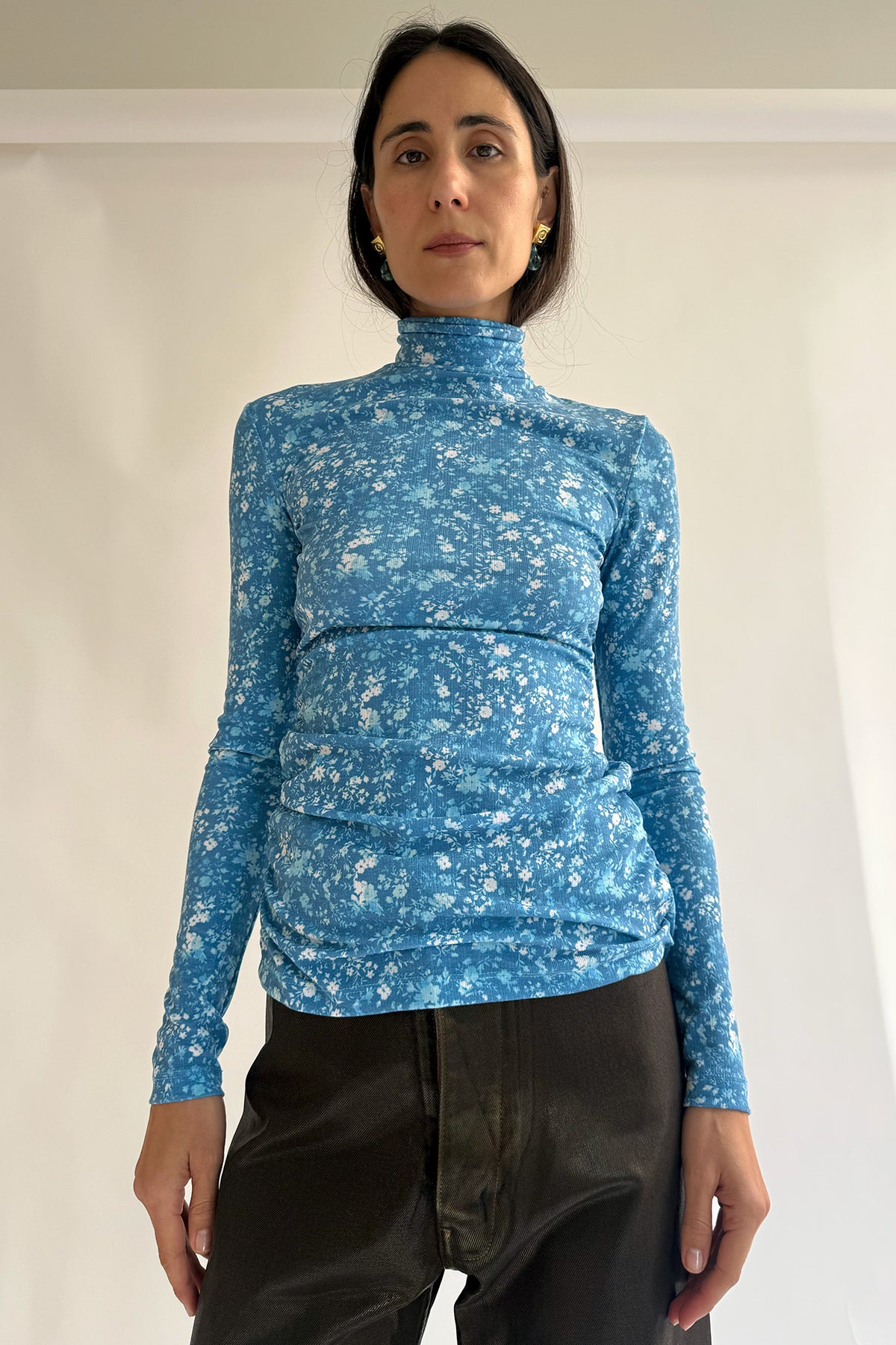 NOMIA, Shirred Long Sleeve Turtleneck, Cyan