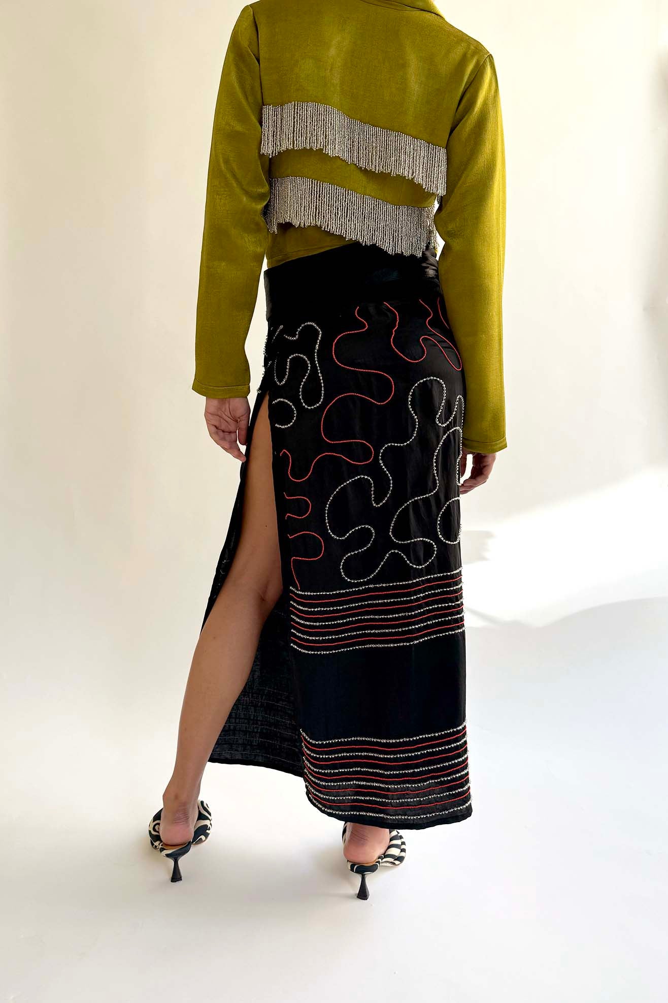 TIGRA TIGRA, Glass Beaded Wrap Skirt, Black/Red