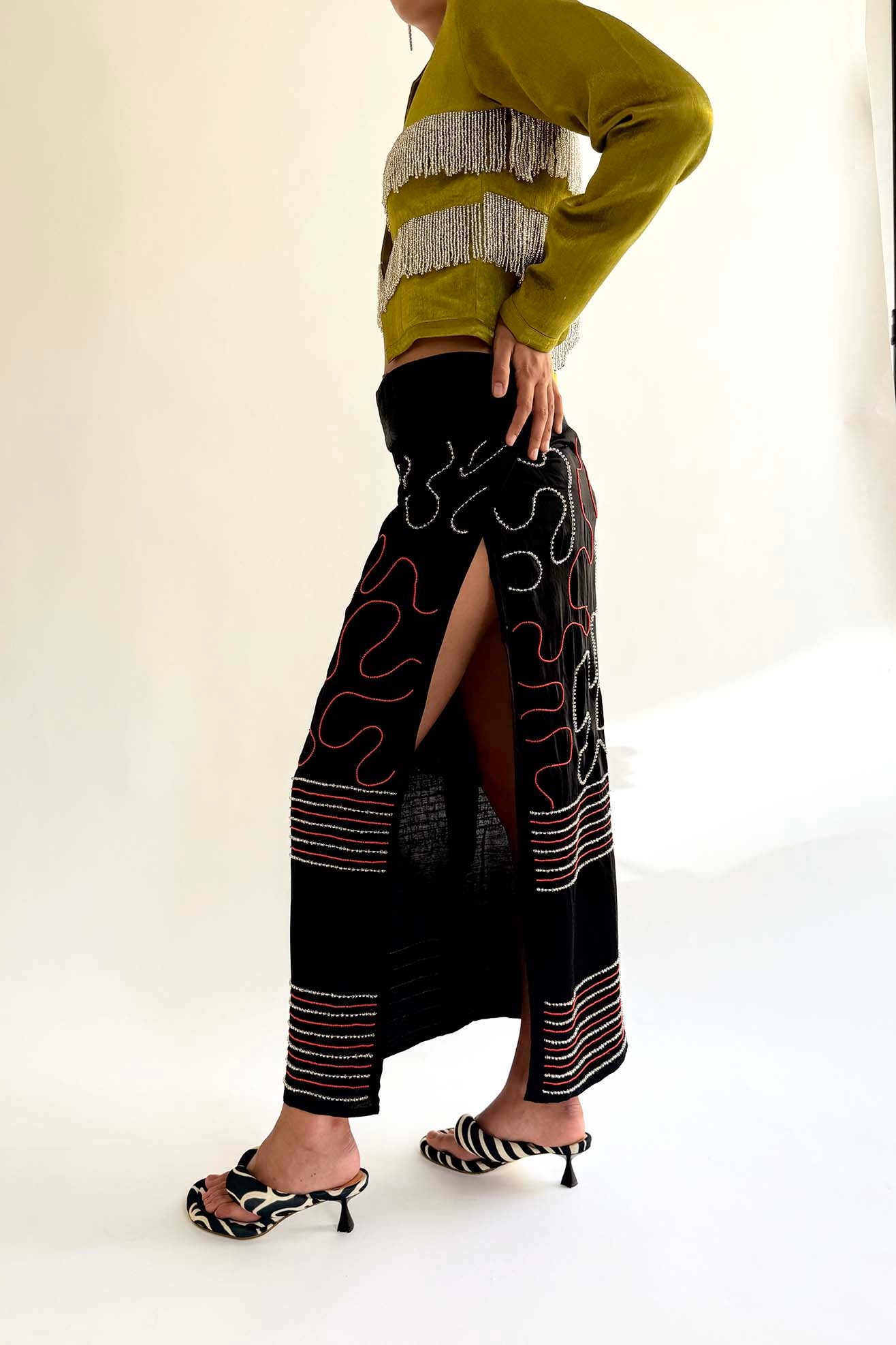TIGRA TIGRA, Glass Beaded Wrap Skirt, Black/Red