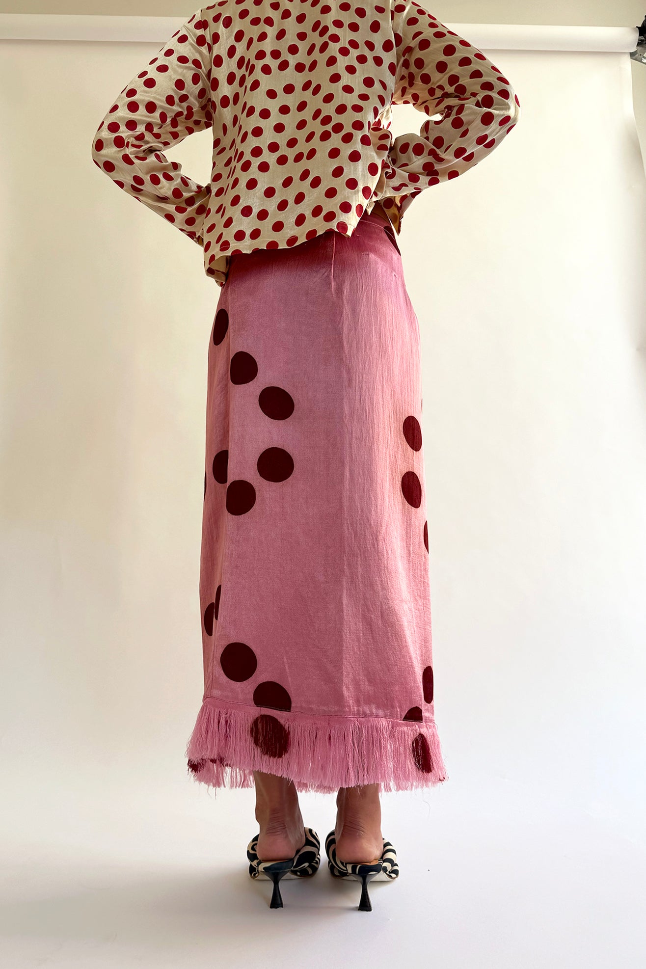 TIGRA TIGRA, Moon Dye Wrap Skirt with Fringe Edge, Pink w. Maroon