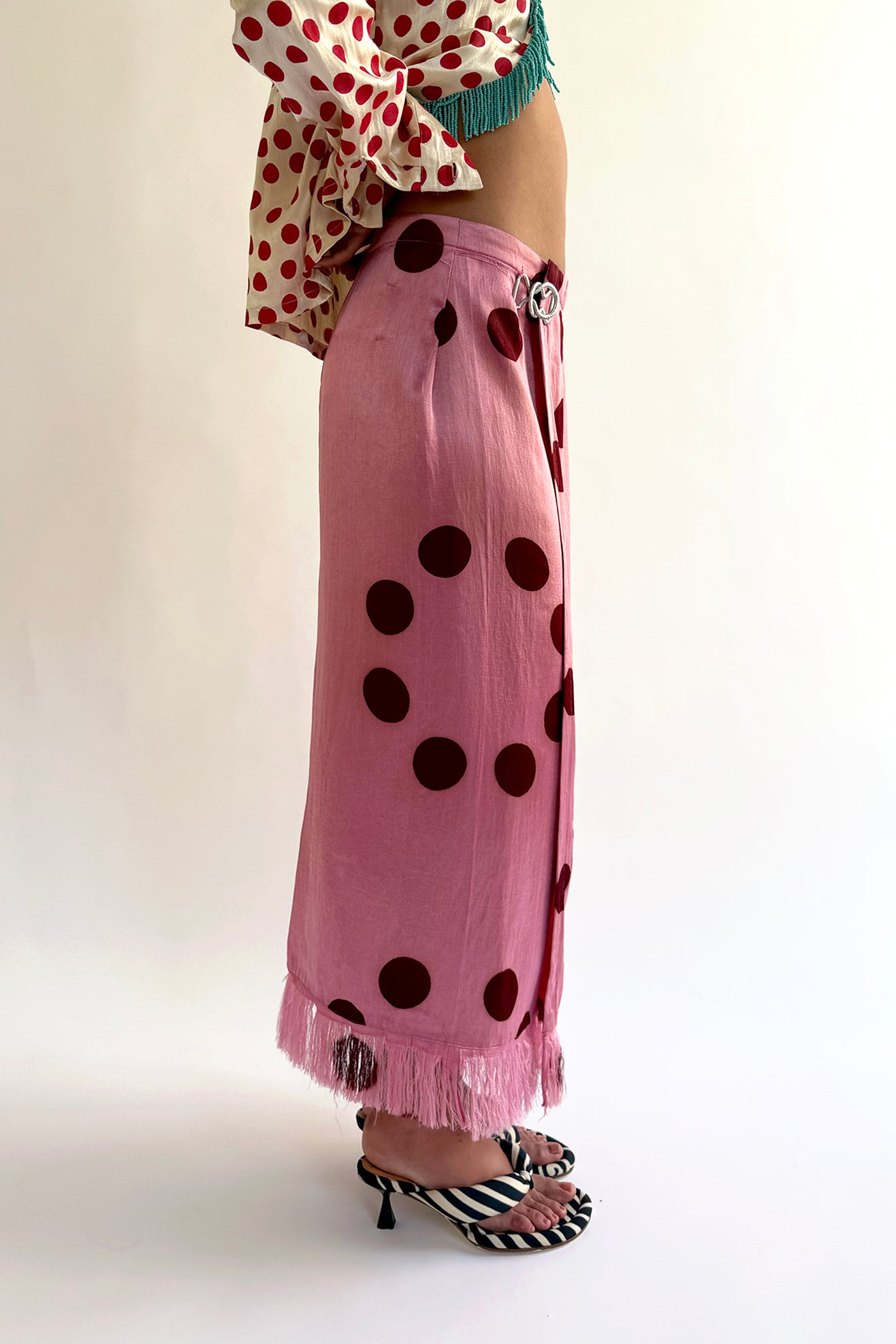 TIGRA TIGRA, Moon Dye Wrap Skirt with Fringe Edge, Pink w. Maroon