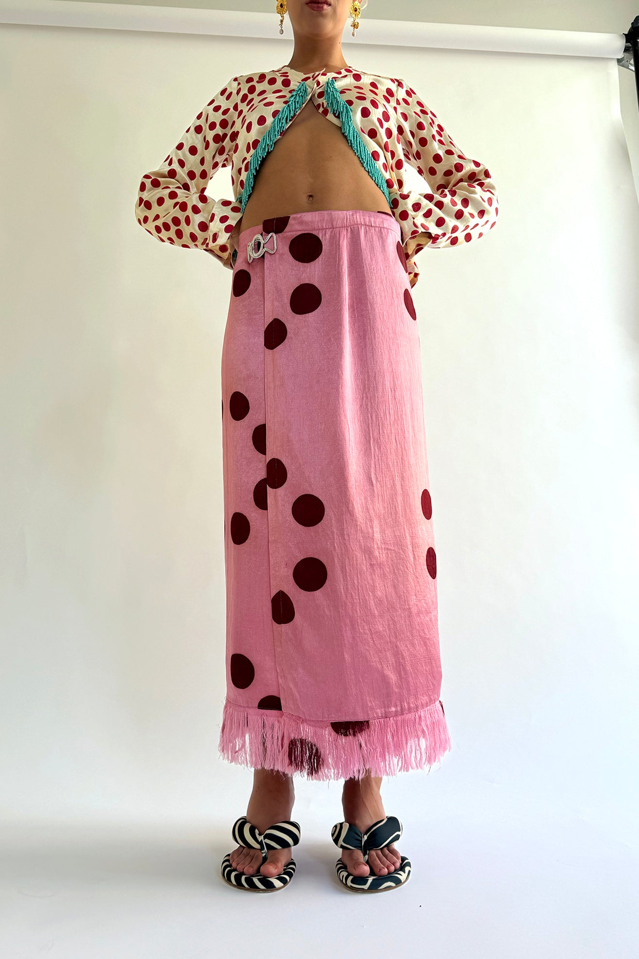 TIGRA TIGRA, Moon Dye Wrap Skirt with Fringe Edge, Pink w. Maroon