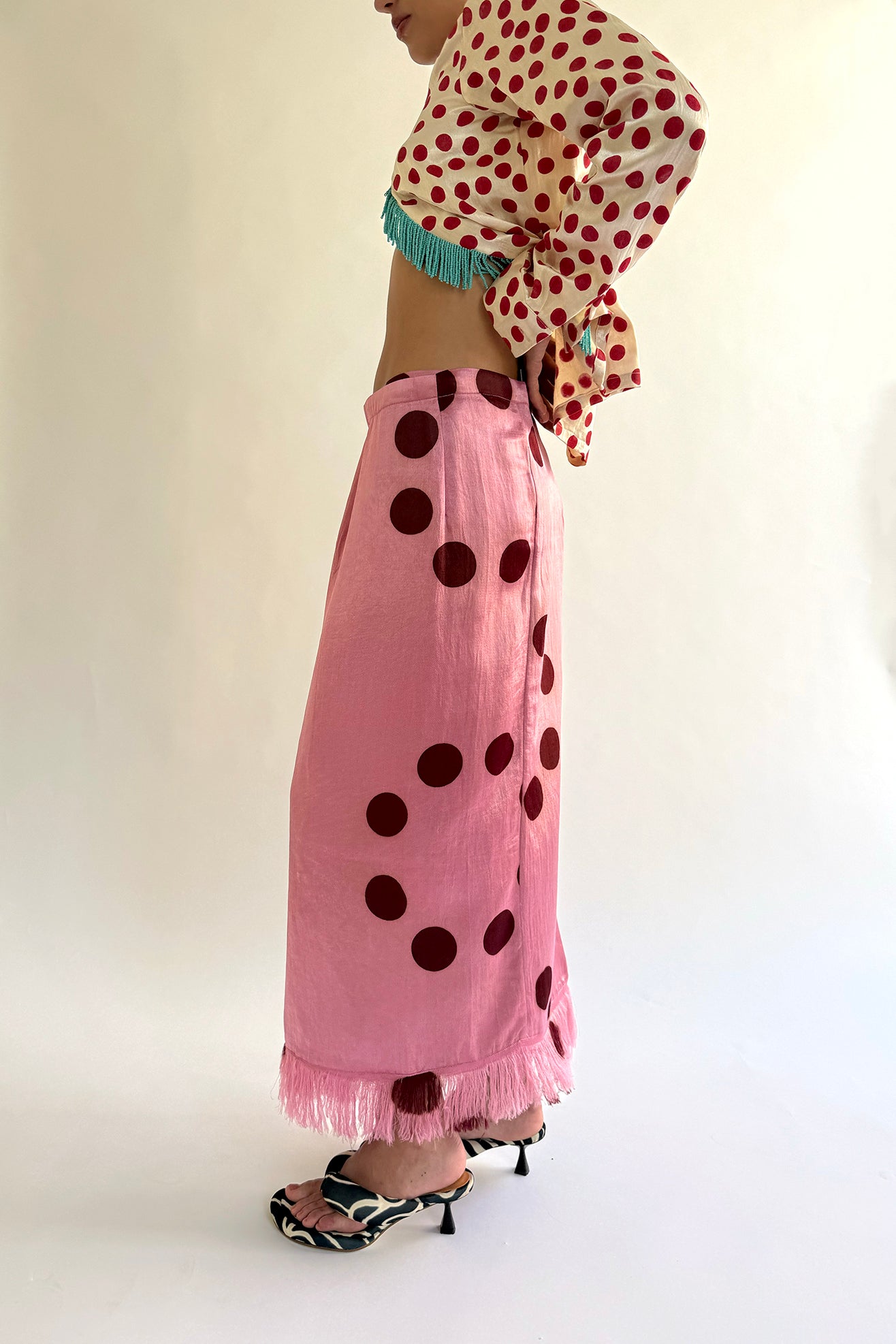 TIGRA TIGRA, Moon Dye Wrap Skirt with Fringe Edge, Pink w. Maroon