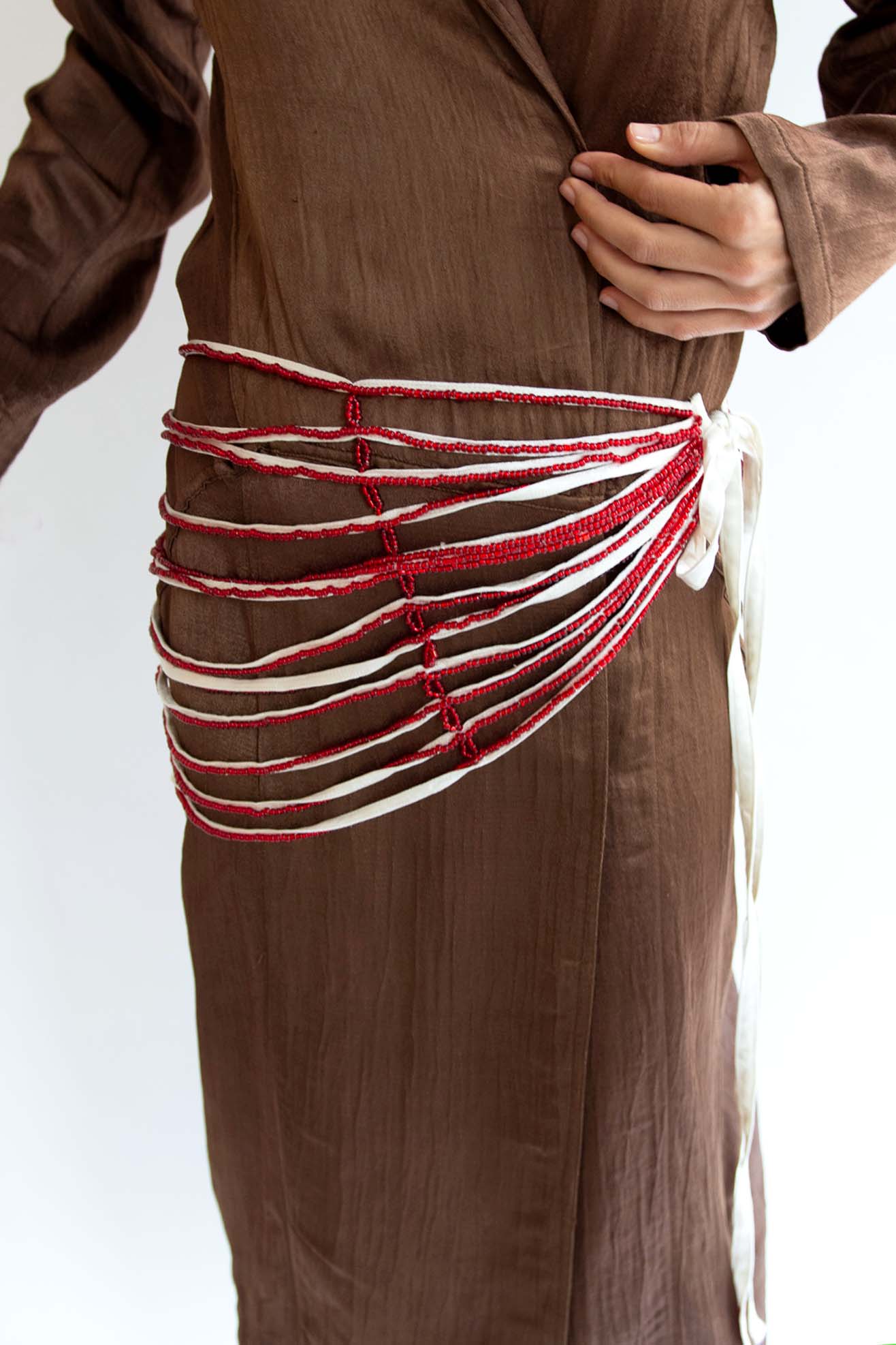 TIGRA TIGRA, Draped Beaded Belt, White With Red