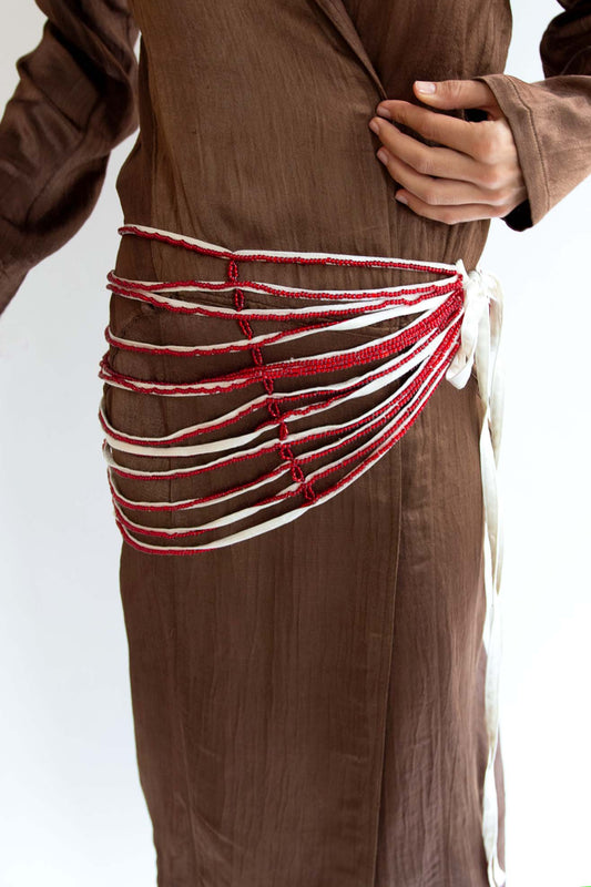 TIGRA TIGRA, Draped Beaded Belt, White With Red