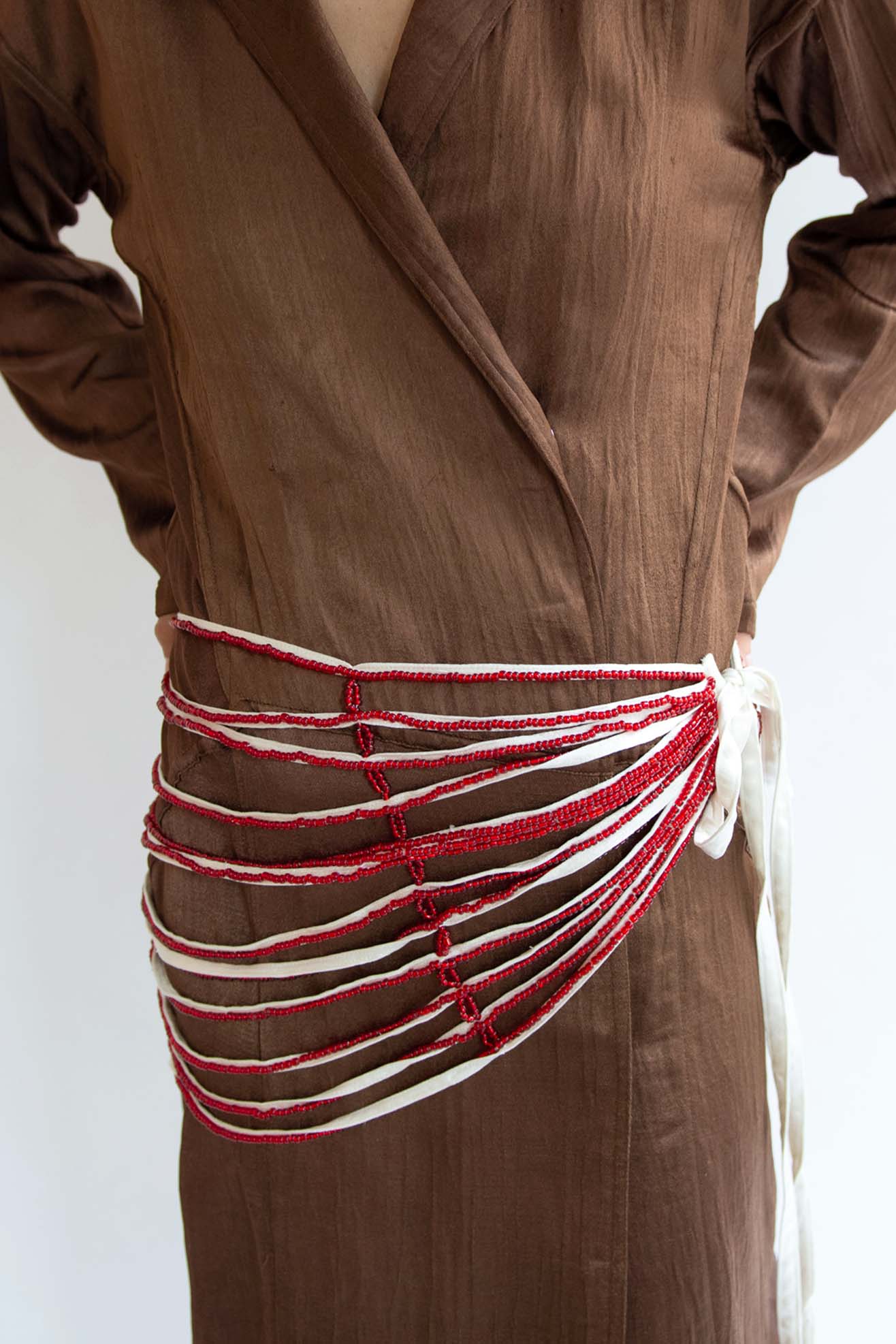 TIGRA TIGRA, Draped Beaded Belt, White With Red