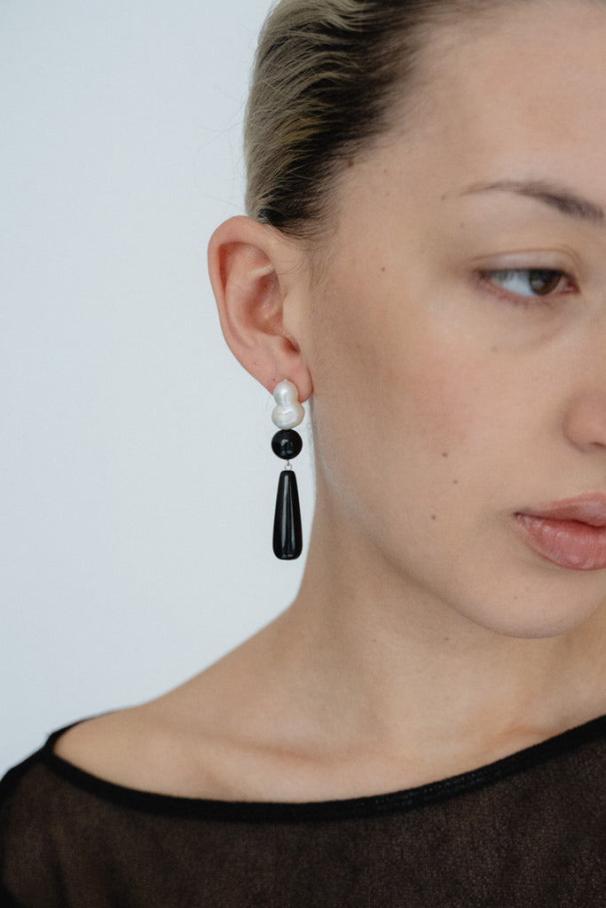 COMPLETEDWORKS, TARN II, Pearl and Black Onyx Recycled Silver Earrings