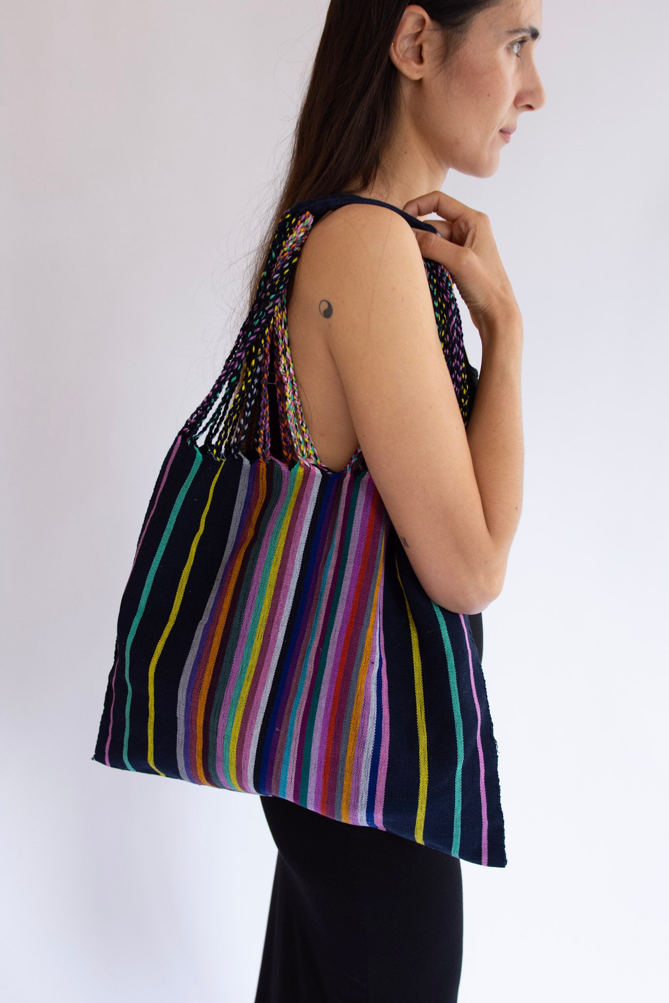 MR. LARKIN, Mercado Woven Market Bag, Stripe Black