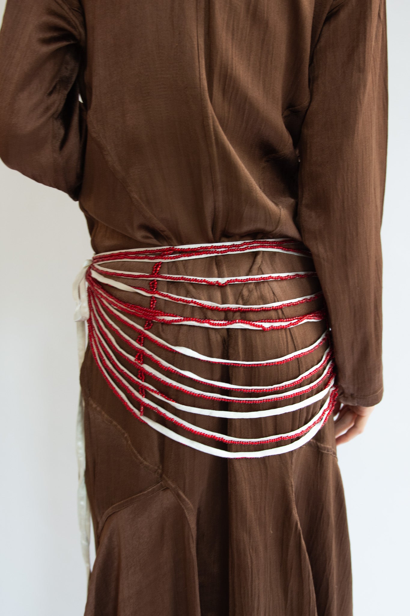 TIGRA TIGRA, Draped Beaded Belt, White With Red