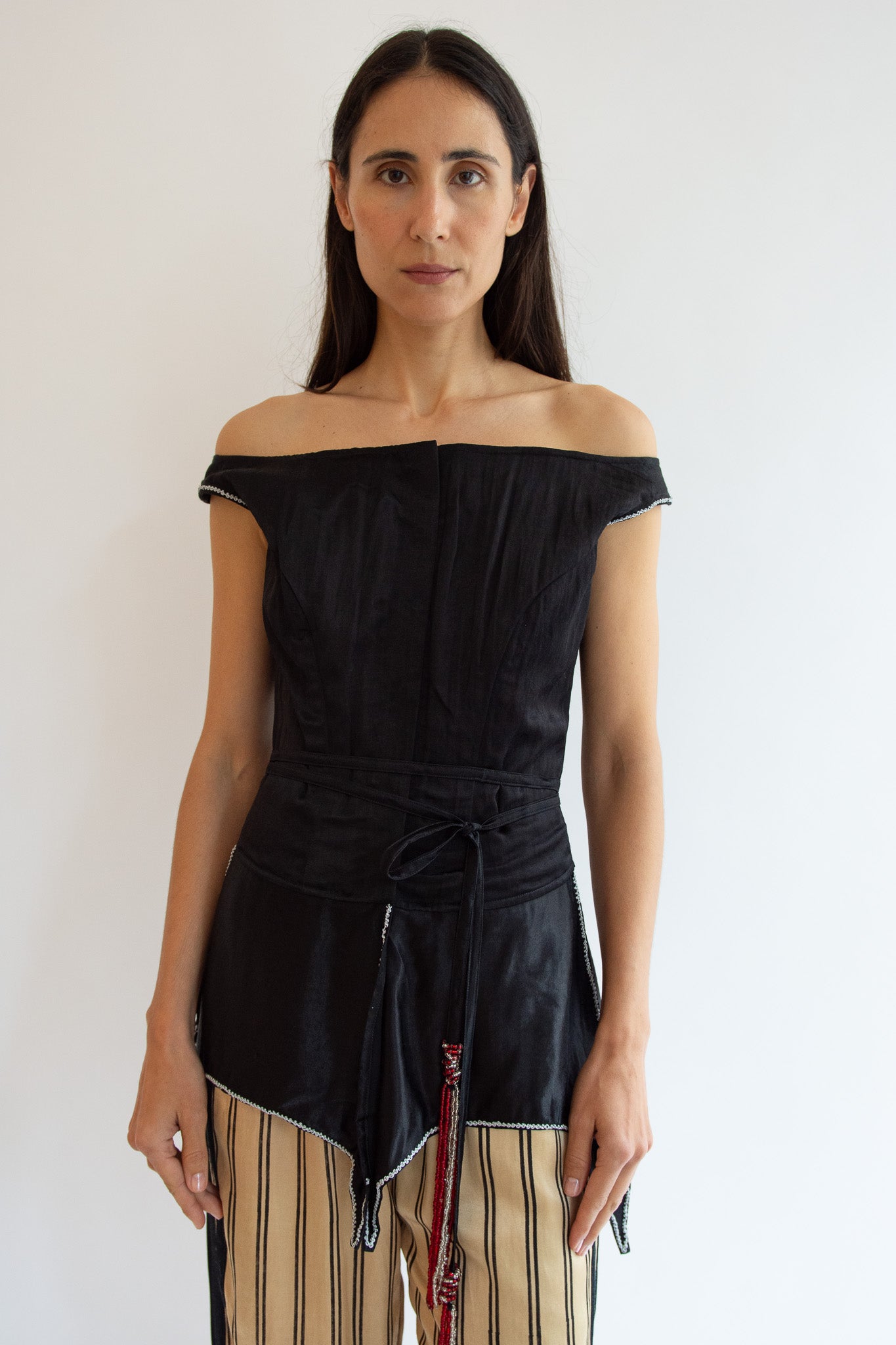 TIGRA TIGRA, Structured Top with Silver Rosettes & Braided Neck Tie, Black
