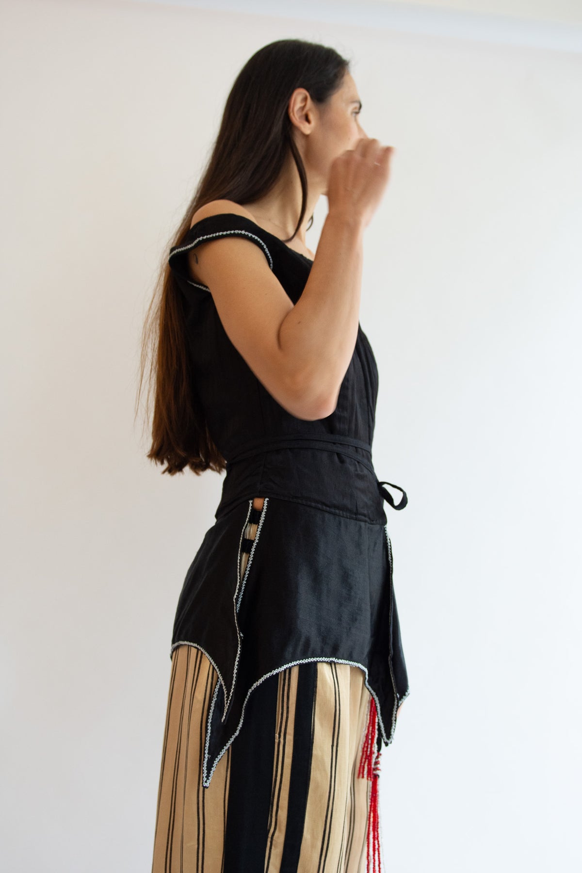 TIGRA TIGRA, Structured Top with Silver Rosettes & Braided Neck Tie, Black