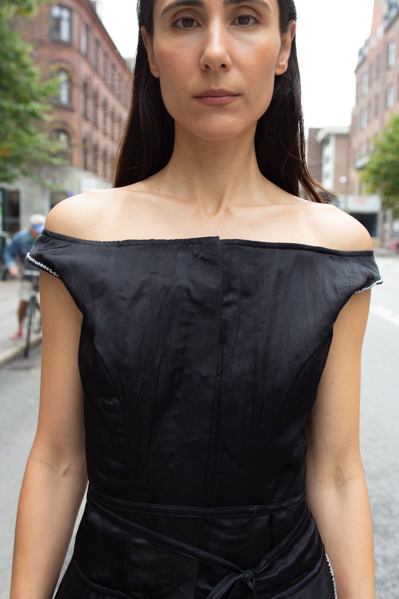 TIGRA TIGRA, Structured Top with Silver Rosettes & Braided Neck Tie, Black