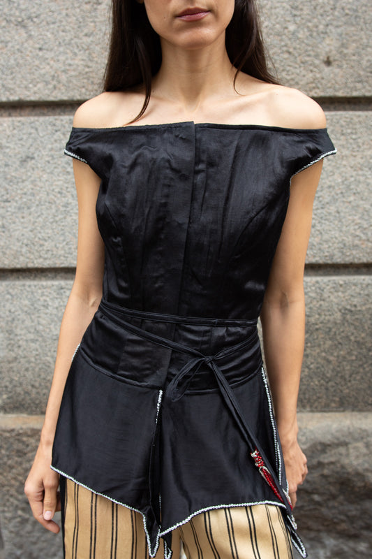 TIGRA TIGRA, Structured Top with Silver Rosettes & Braided Neck Tie, Black