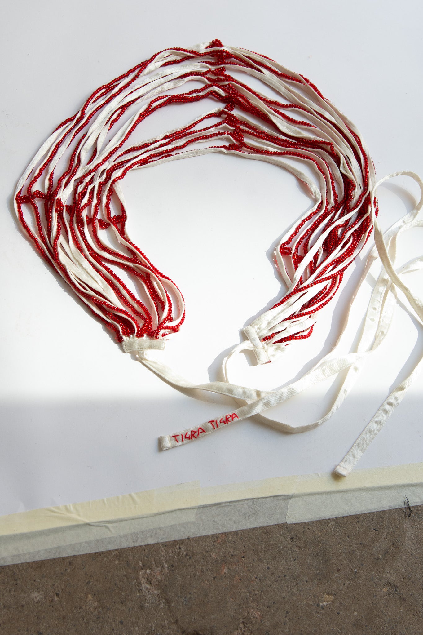 TIGRA TIGRA, Draped Beaded Belt, White With Red