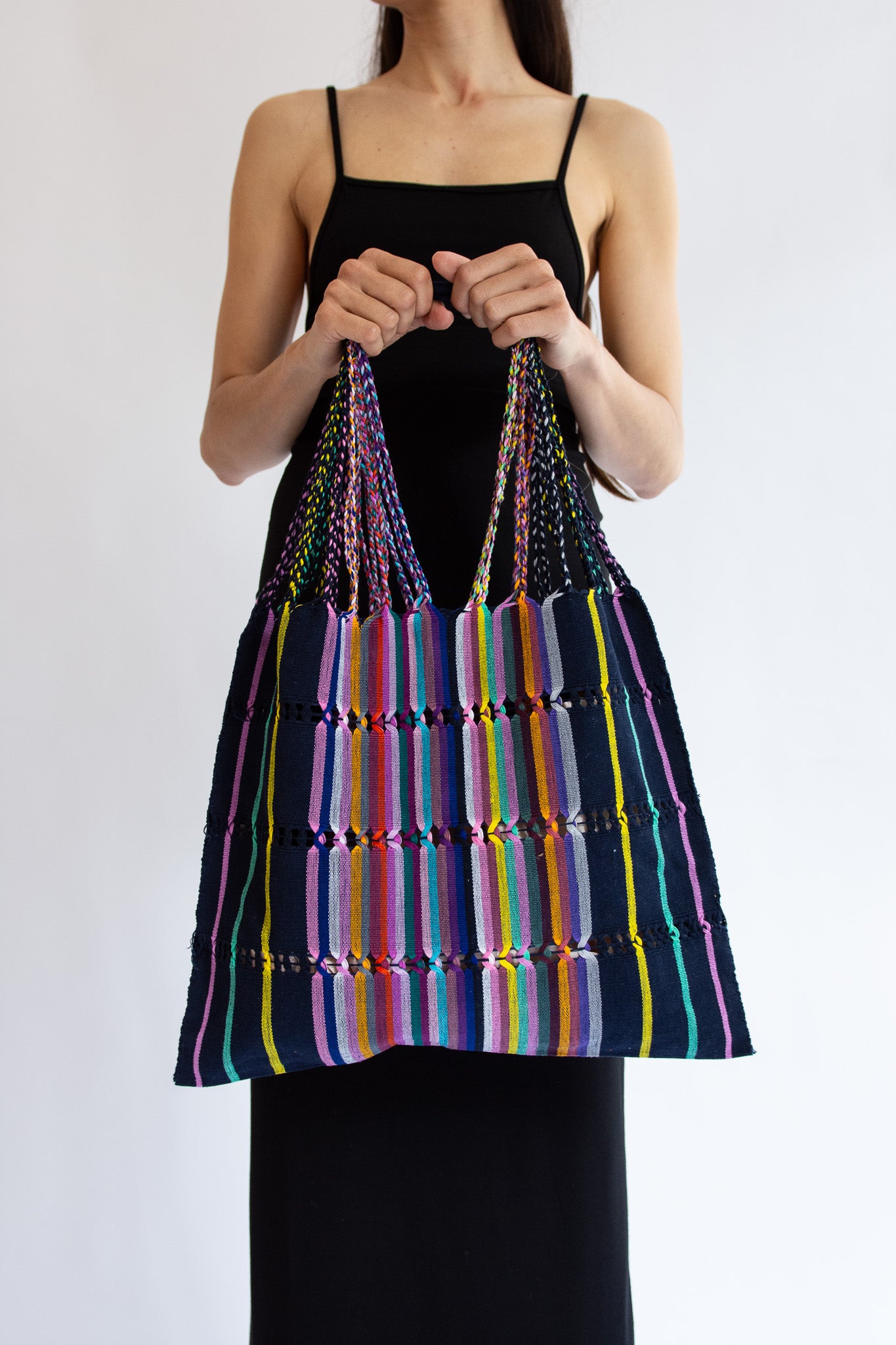 MR. LARKIN, Mercado Woven Market Bag, Stripe Black