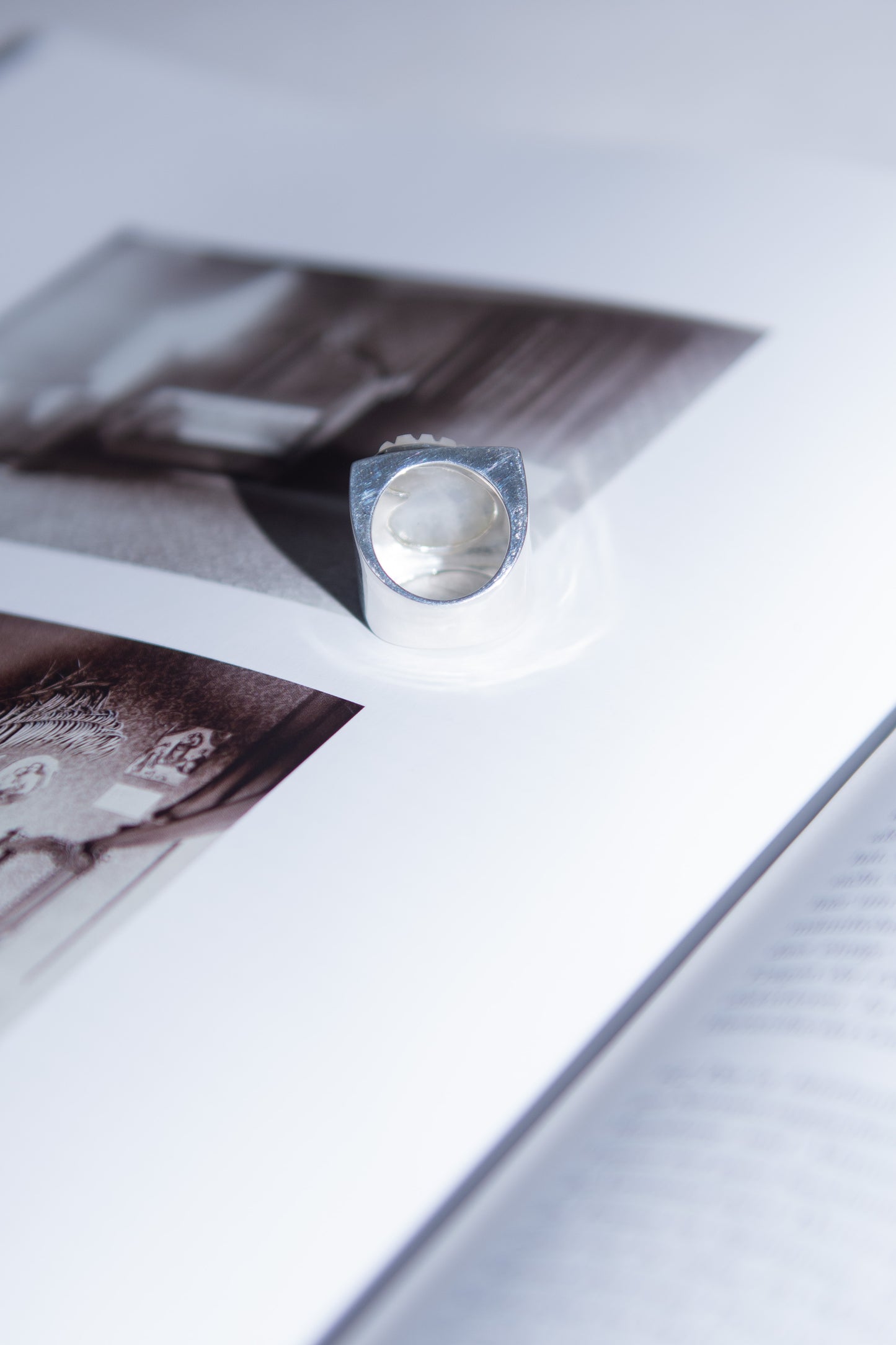 NOMIA, Carved Shell Ring, Rainbow Moonstone