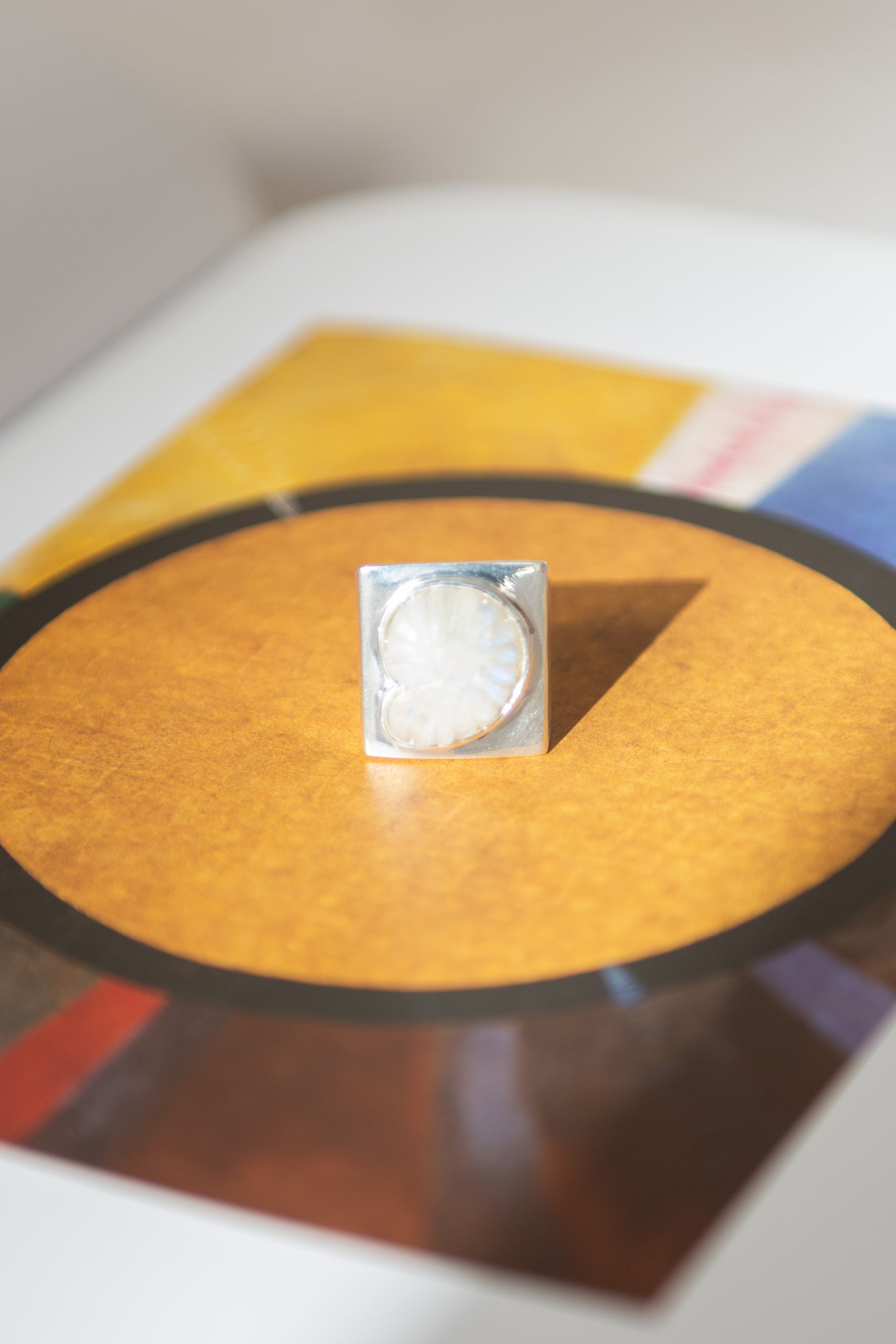 NOMIA, Carved Shell Ring, Rainbow Moonstone