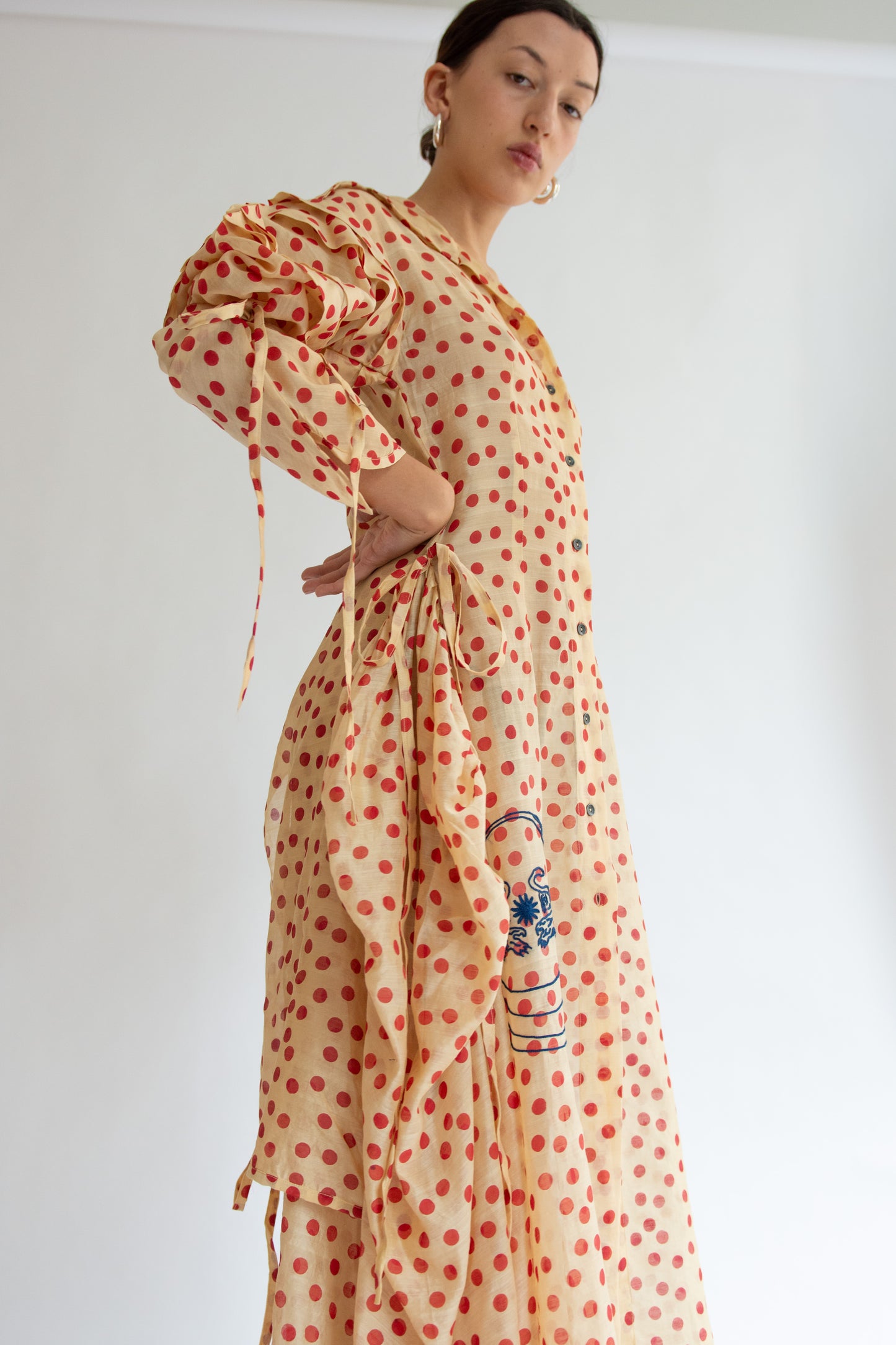 TIGRA TIGRA, Blockprint Dot Rucha Dress, Tea Stain Red w. Tiger Embroidery