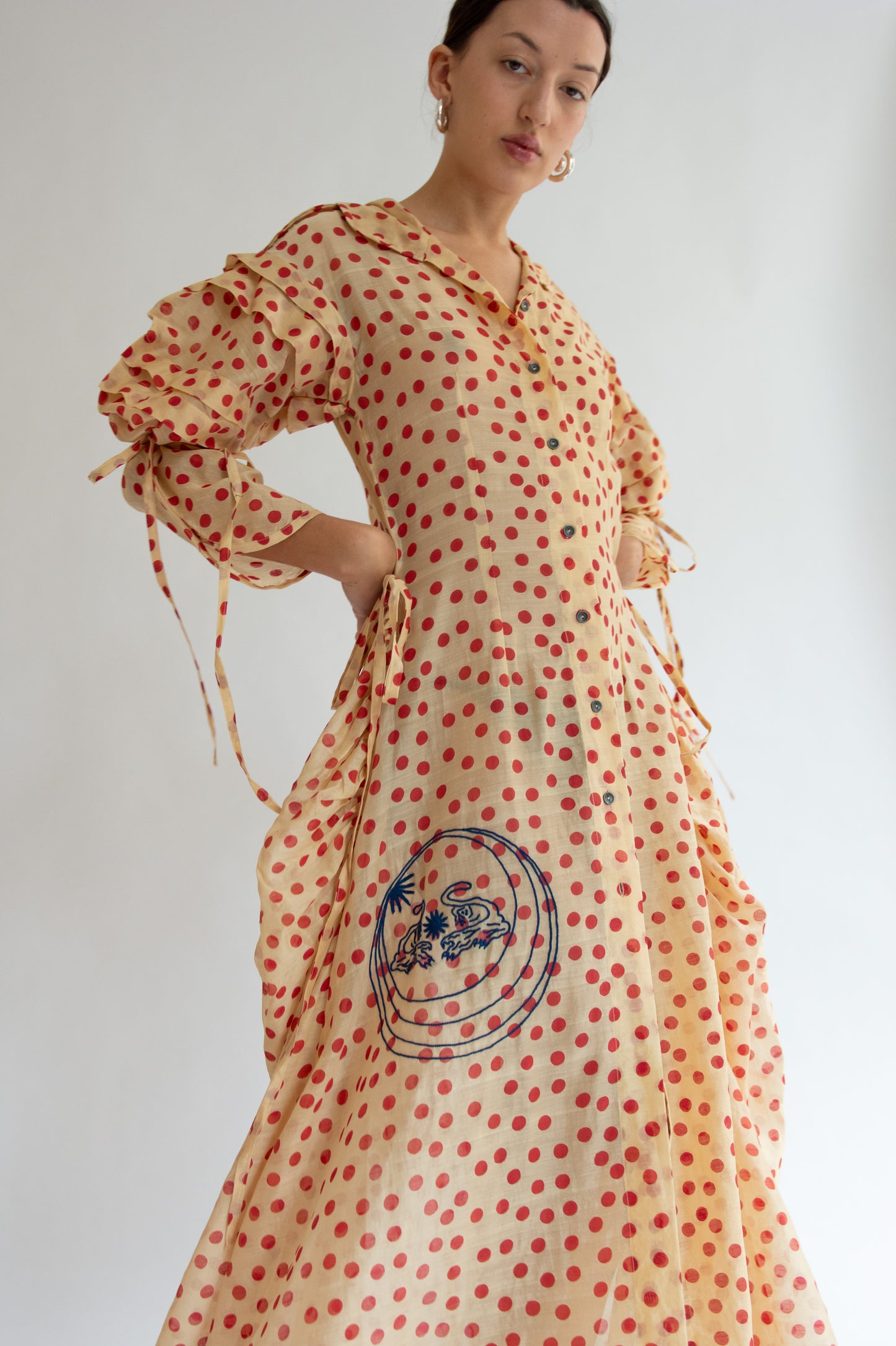 TIGRA TIGRA, Blockprint Dot Rucha Dress, Tea Stain Red w. Tiger Embroidery