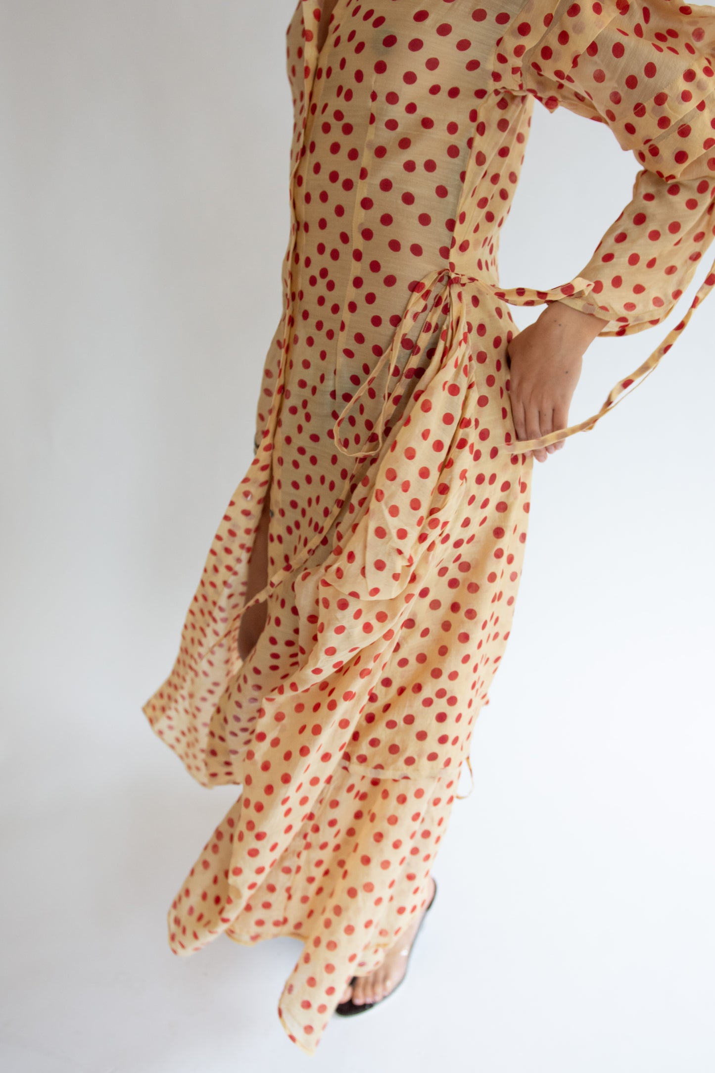 TIGRA TIGRA, Blockprint Dot Rucha Dress, Tea Stain Red w. Tiger Embroidery