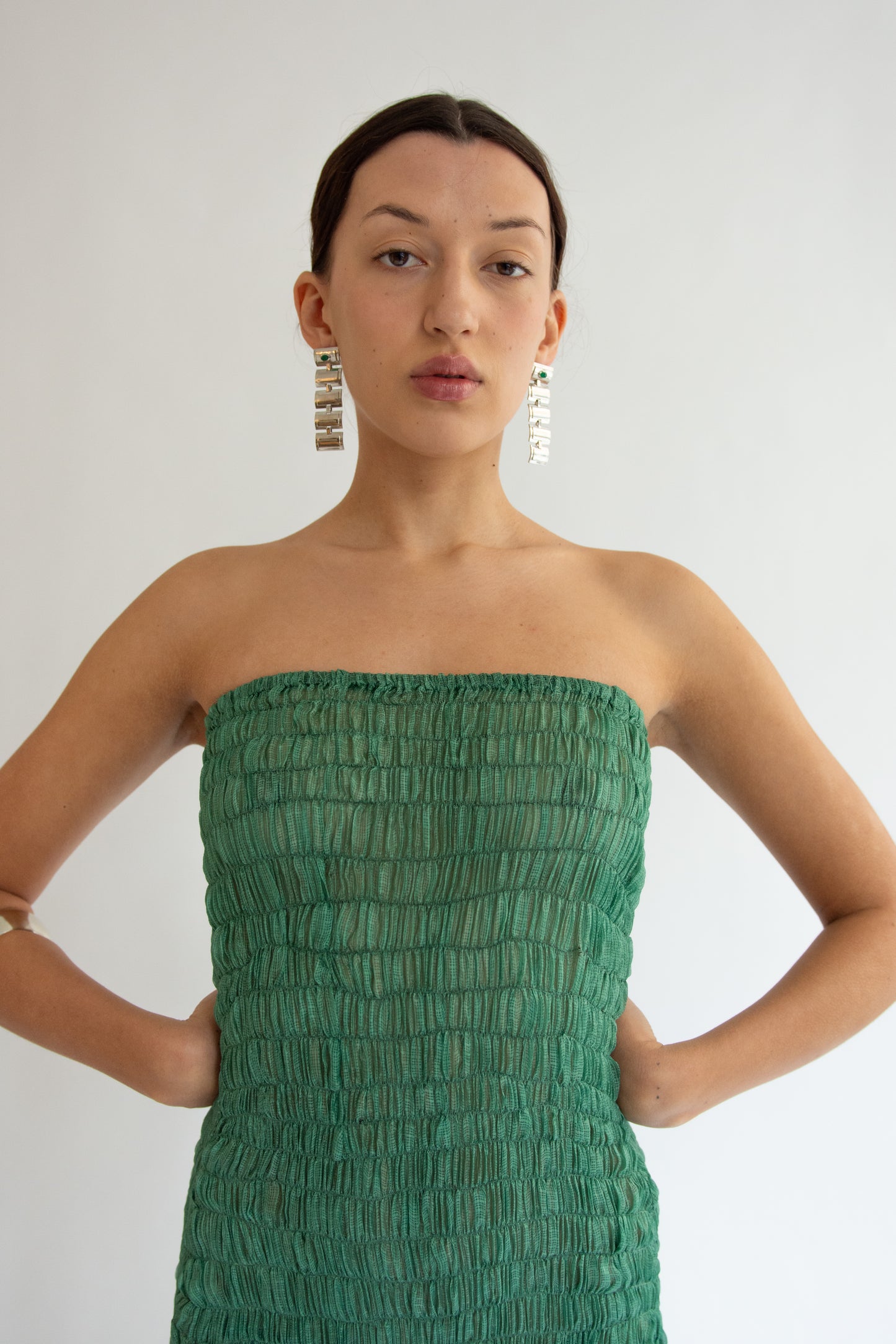TIGRA TIGRA, Gathered Kota Dress with Beaded Fringe, Jade Green