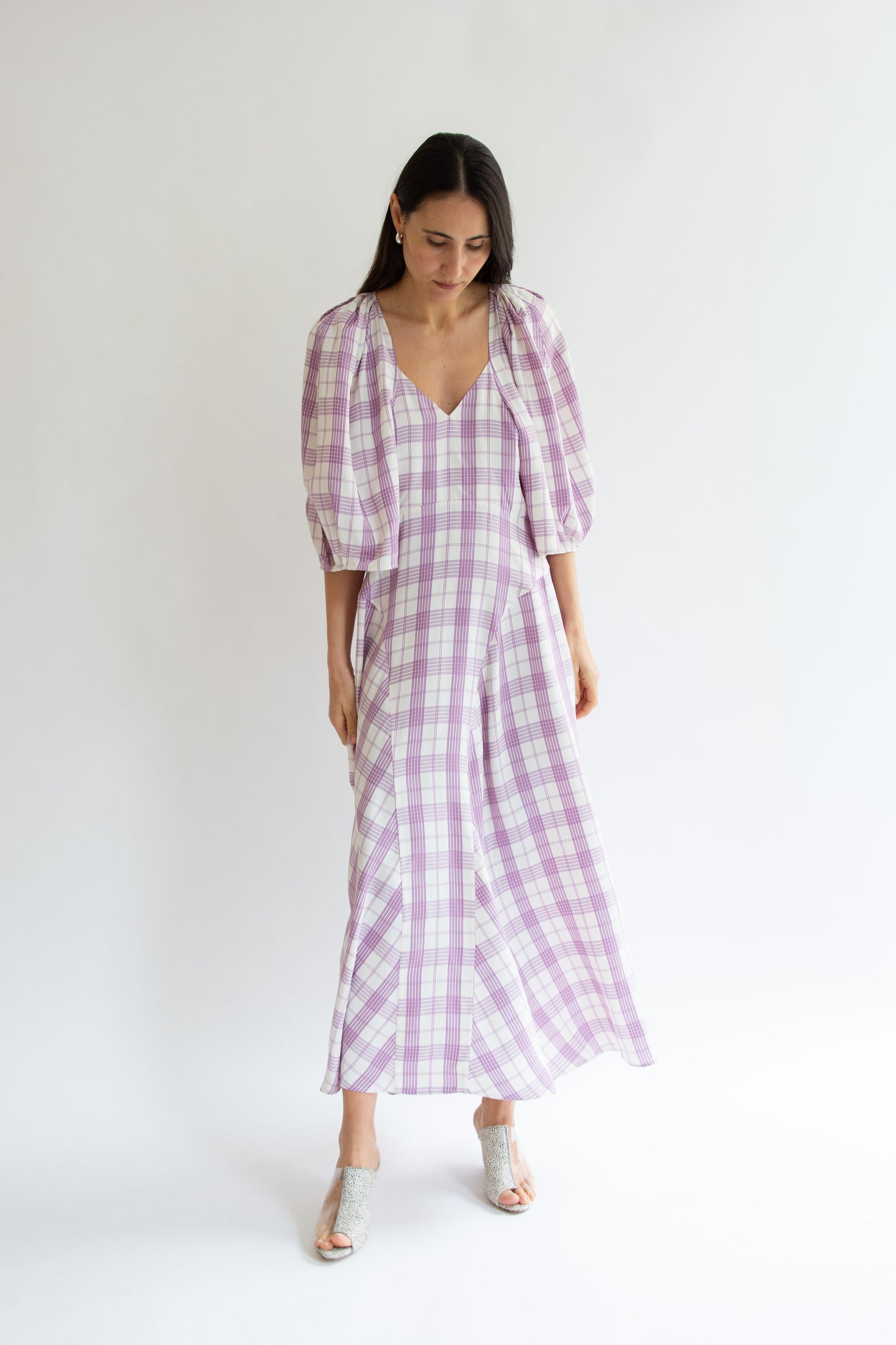 MR. LARKIN, Lexi V-neck Dress, Purple Plaid
