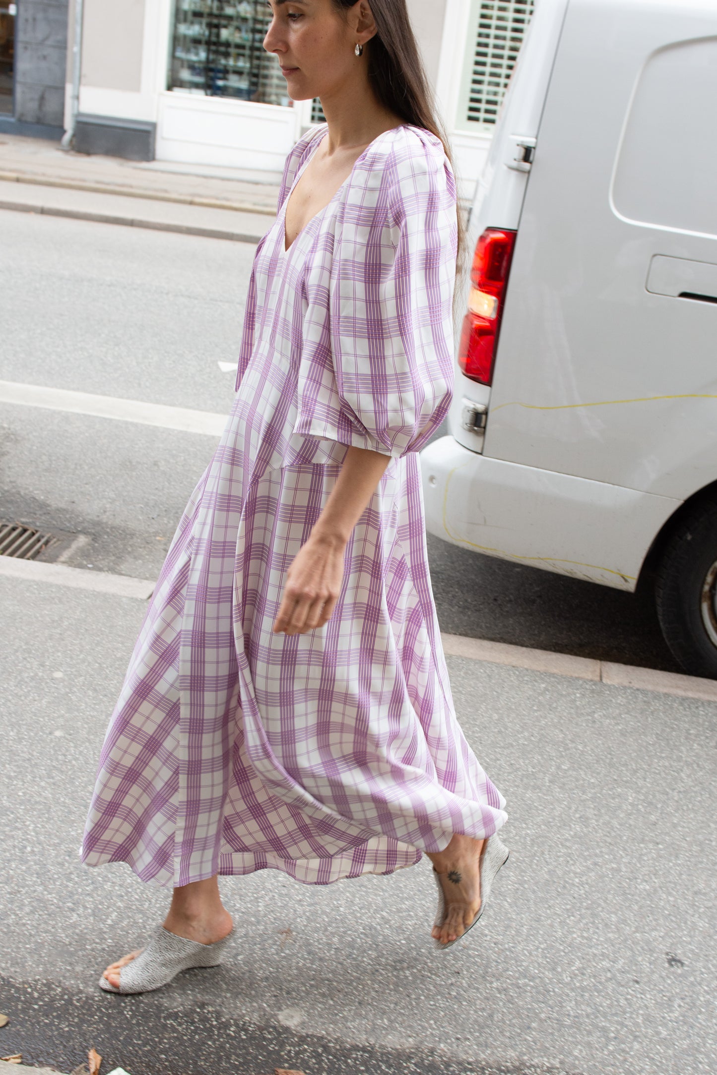 MR. LARKIN, Lexi V-neck Dress, Purple Plaid