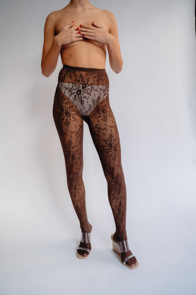 SWEDISH STOCKINGS, Rosa Lace Tights, Dark Brown