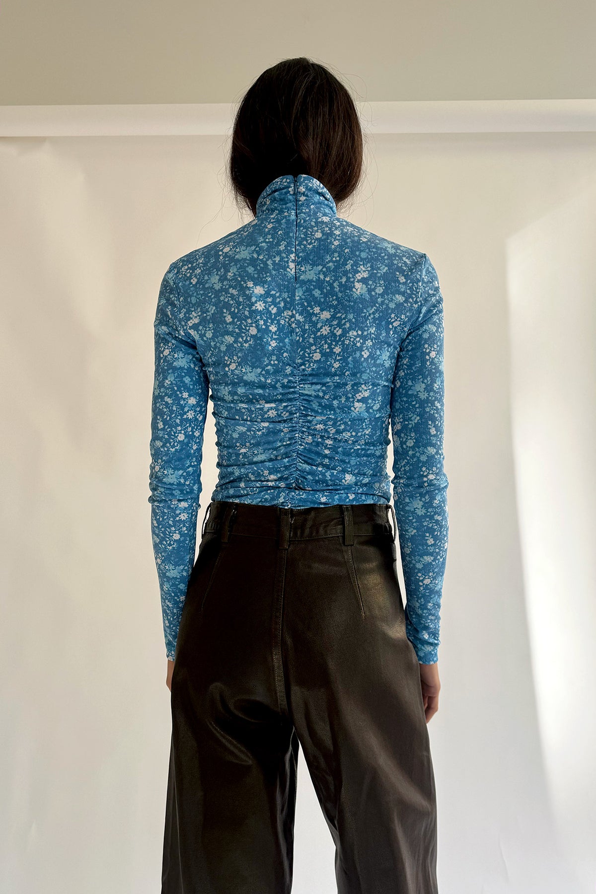 NOMIA, Shirred Long Sleeve Turtleneck, Cyan
