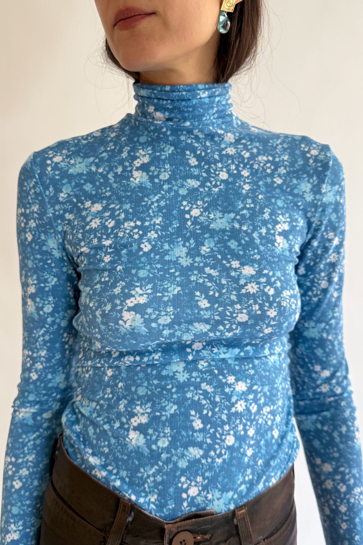 NOMIA, Shirred Long Sleeve Turtleneck, Cyan