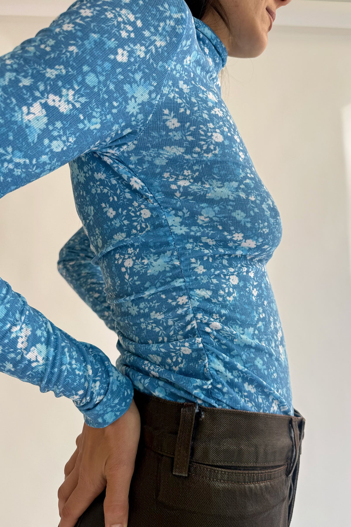 NOMIA, Shirred Long Sleeve Turtleneck, Cyan