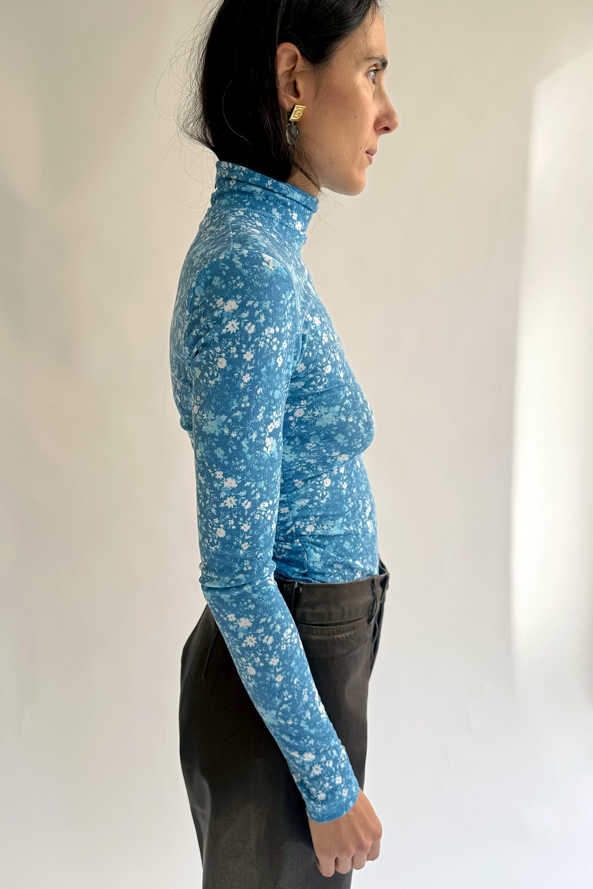 NOMIA, Shirred Long Sleeve Turtleneck, Cyan