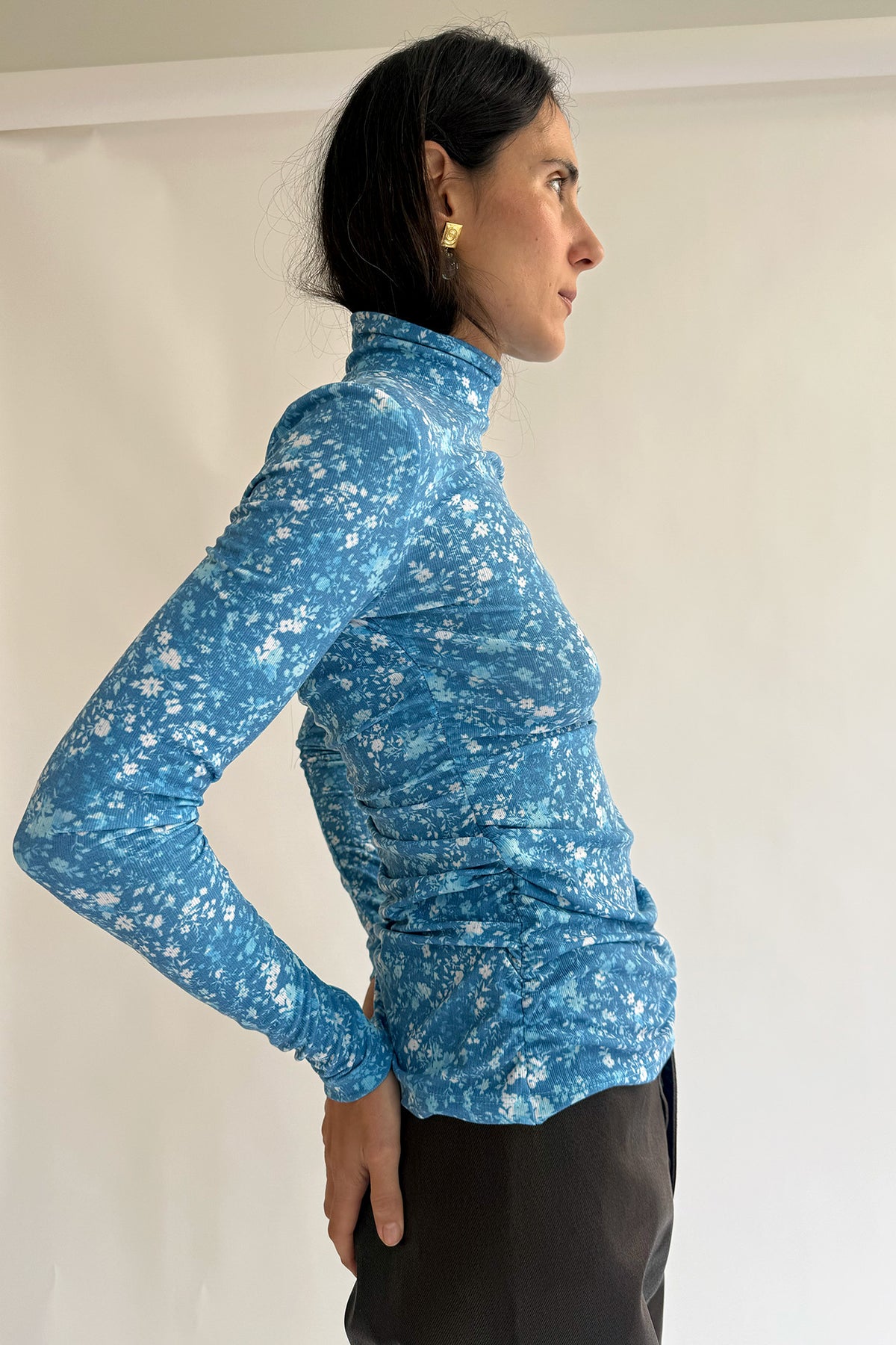 NOMIA, Shirred Long Sleeve Turtleneck, Cyan