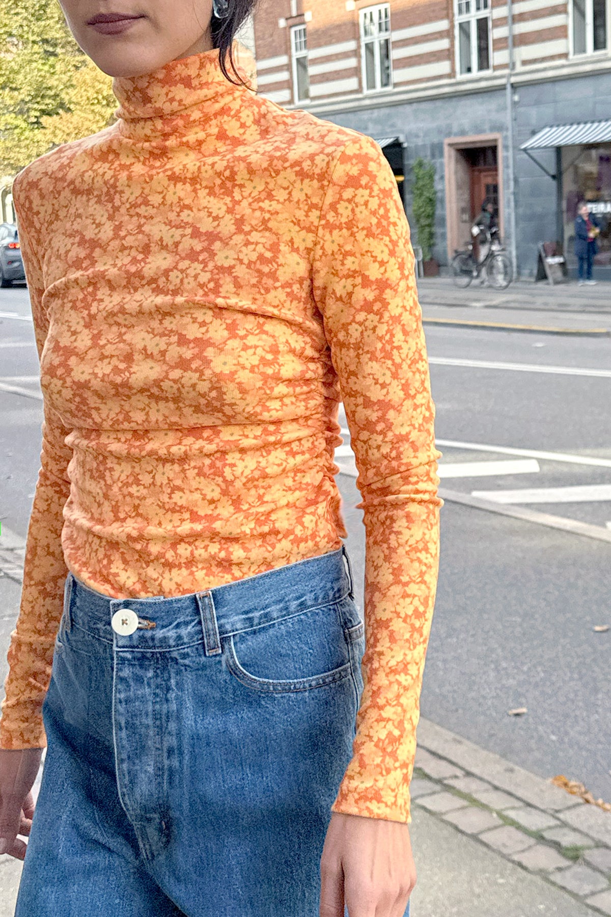 NOMIA, Shirred Long Sleeve Turtleneck, Mandarin Floral