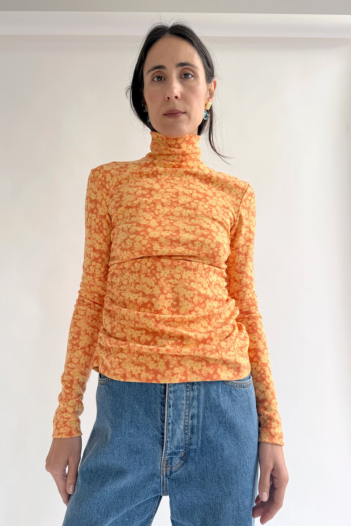 NOMIA, Shirred Long Sleeve Turtleneck, Mandarin Floral