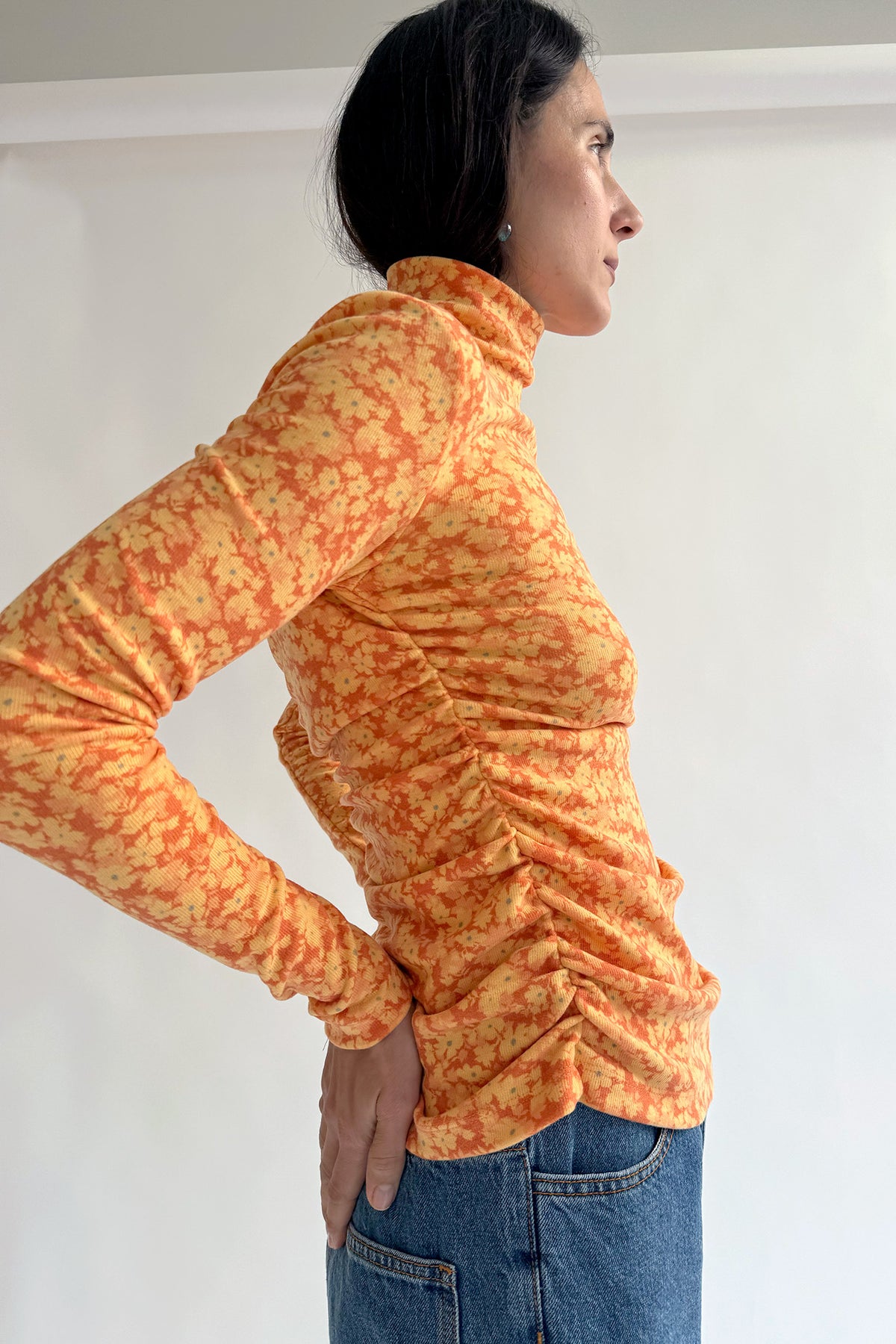 NOMIA, Shirred Long Sleeve Turtleneck, Mandarin Floral