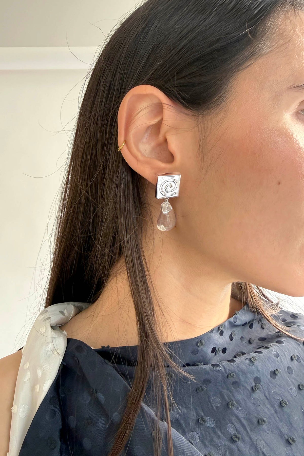 NOMIA, Spiral Drop Earrings, Sterling Silver/Clear