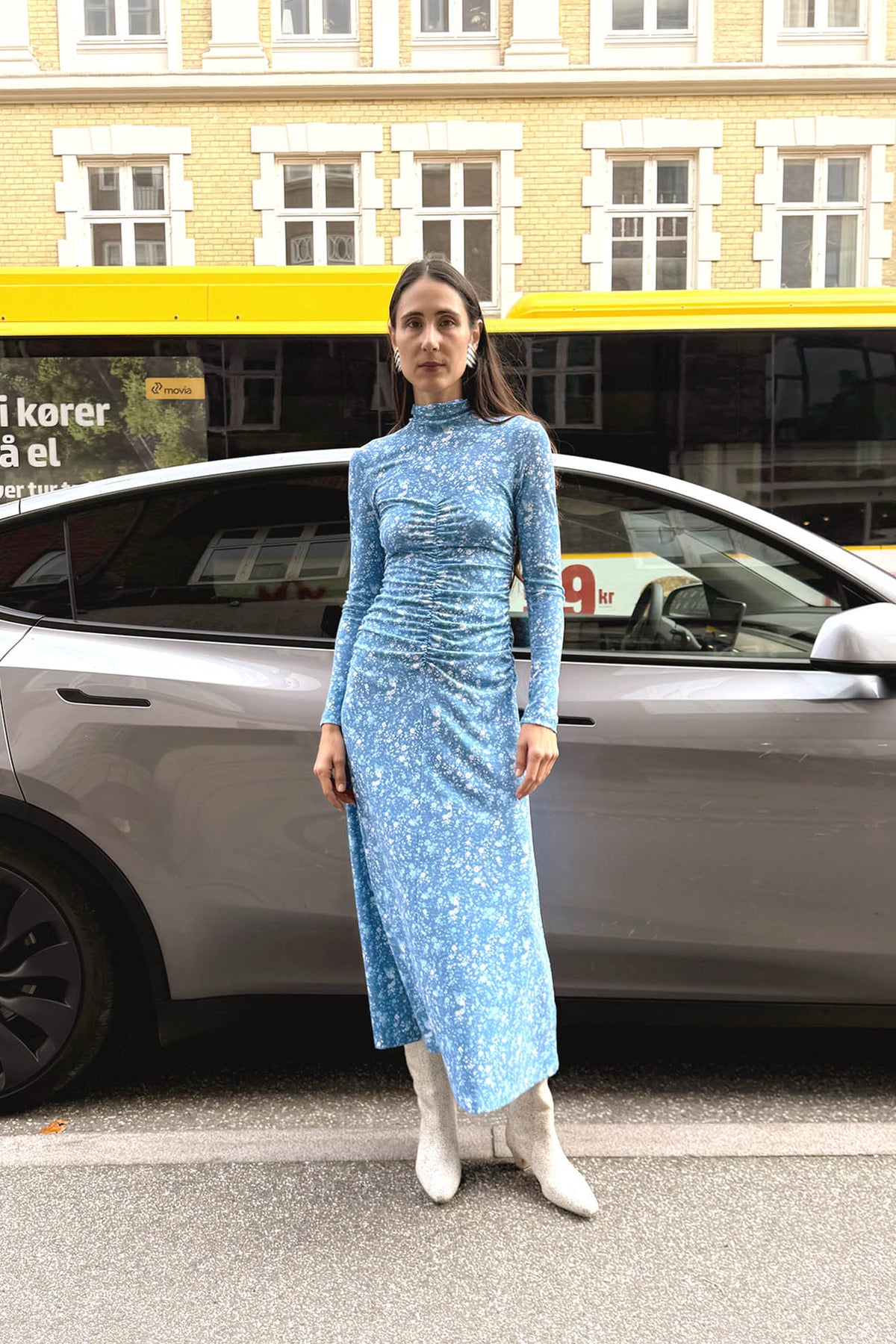 NOMIA, Shirred Long Sleeve Turtleneck Maxi Dress, Cyan