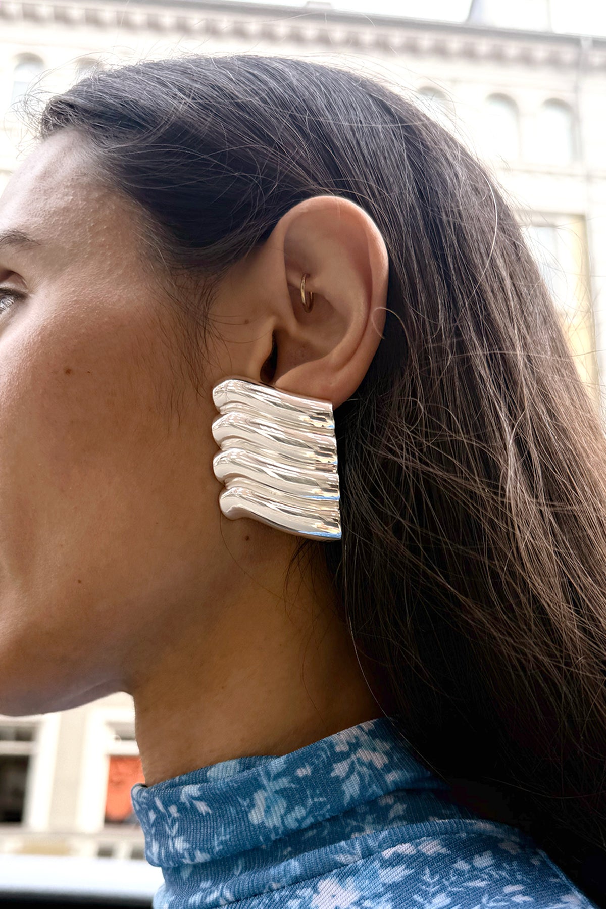 NOMIA, Ribbed Shield Earrings, Sterling Silver