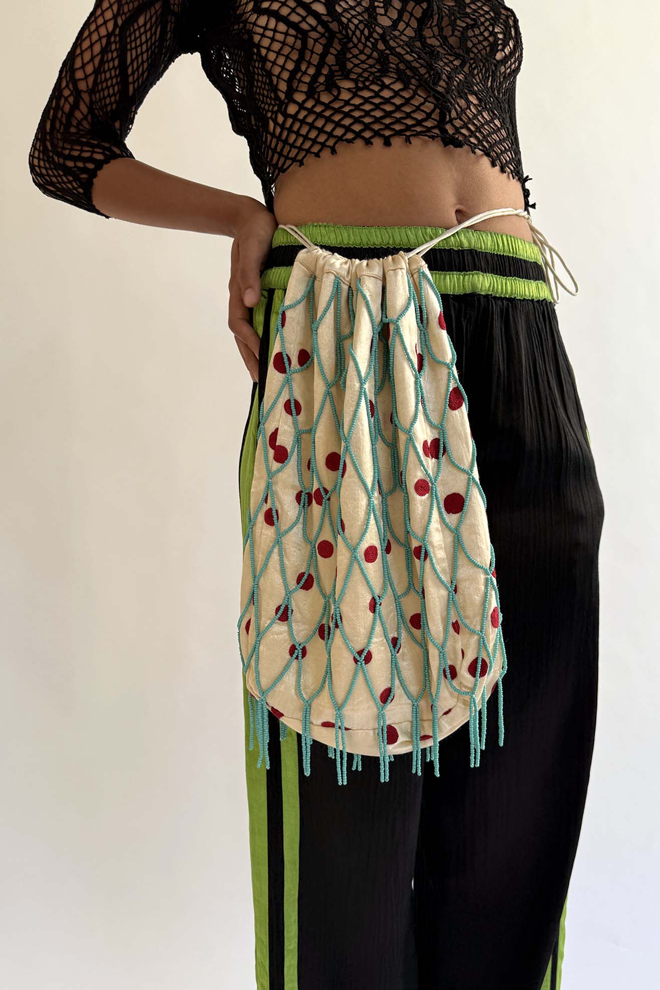 TIGRA TIGRA, Beaded Net Bucket Bag w. Hand-Embroided Dots, Cream/Red/Teal