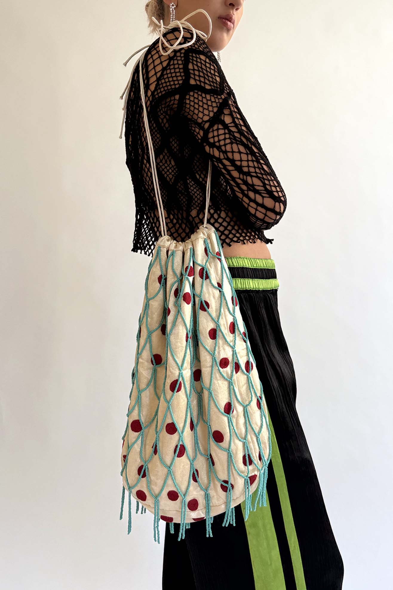 TIGRA TIGRA, Beaded Net Bucket Bag w. Hand-Embroided Dots, Cream/Red/Teal